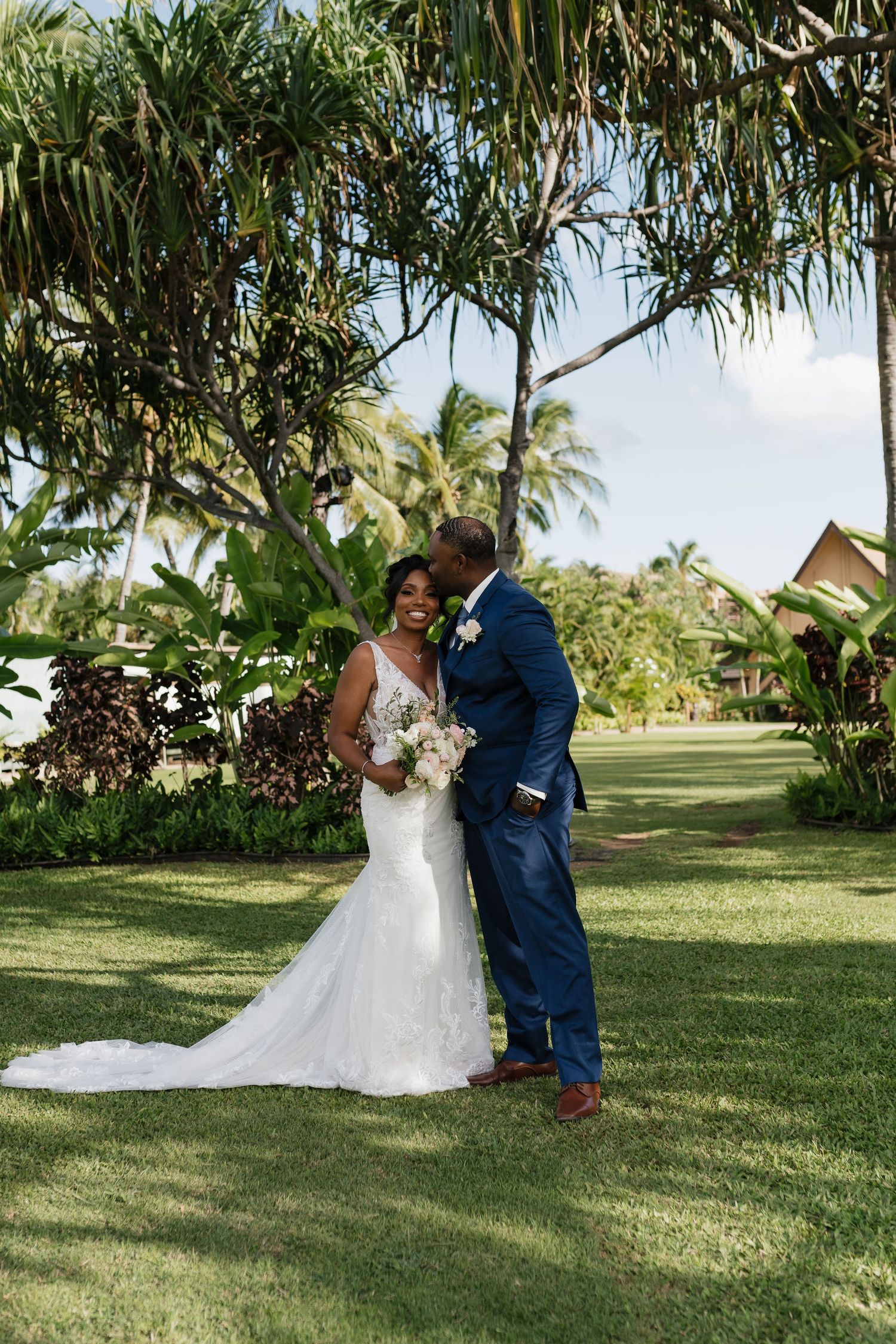 Romantic wedding photography session in a beautiful tropical garden landscape.