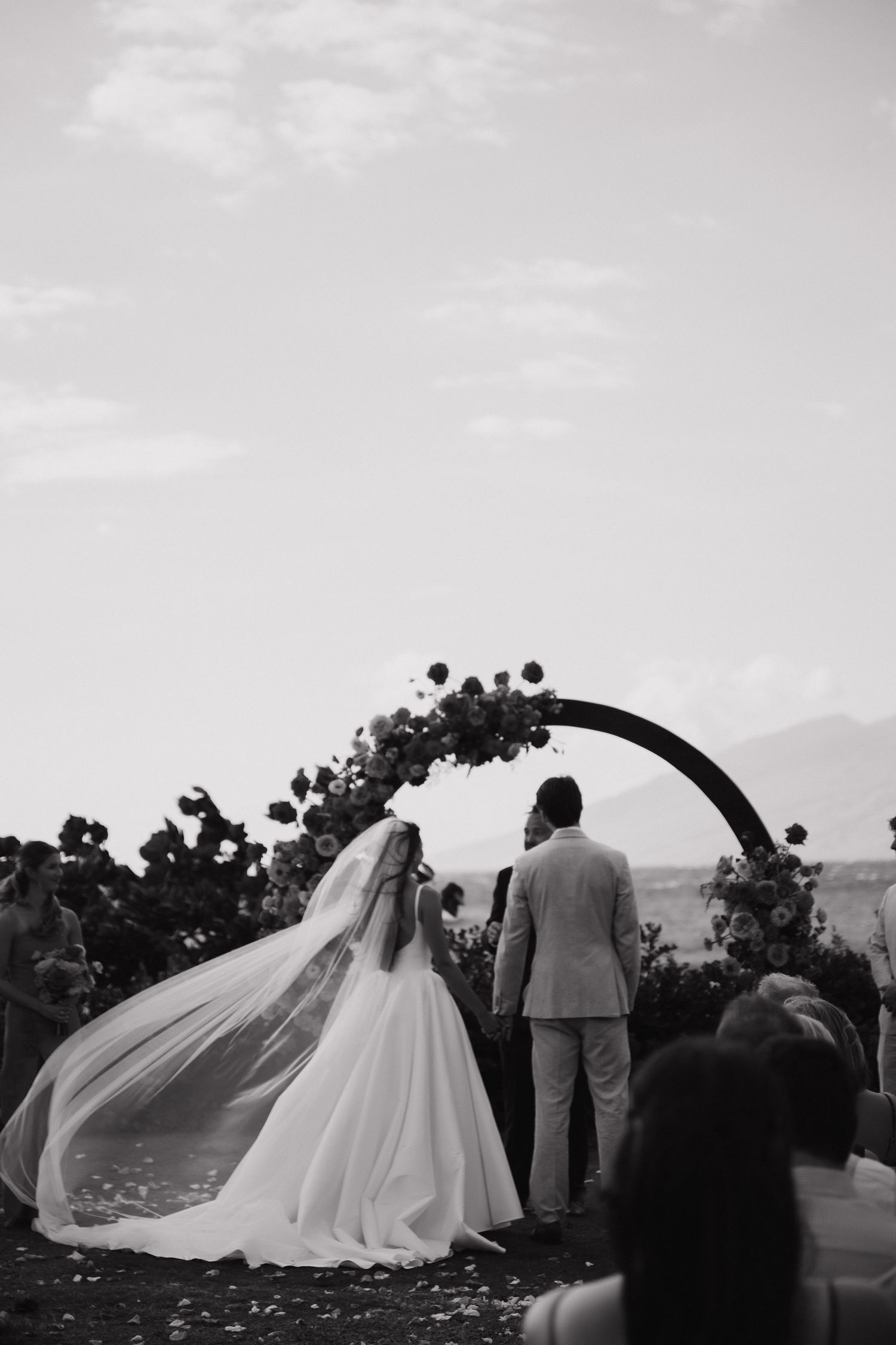 Black and white wedding photo capturing flowing veil and dress silhouettes against the sky.