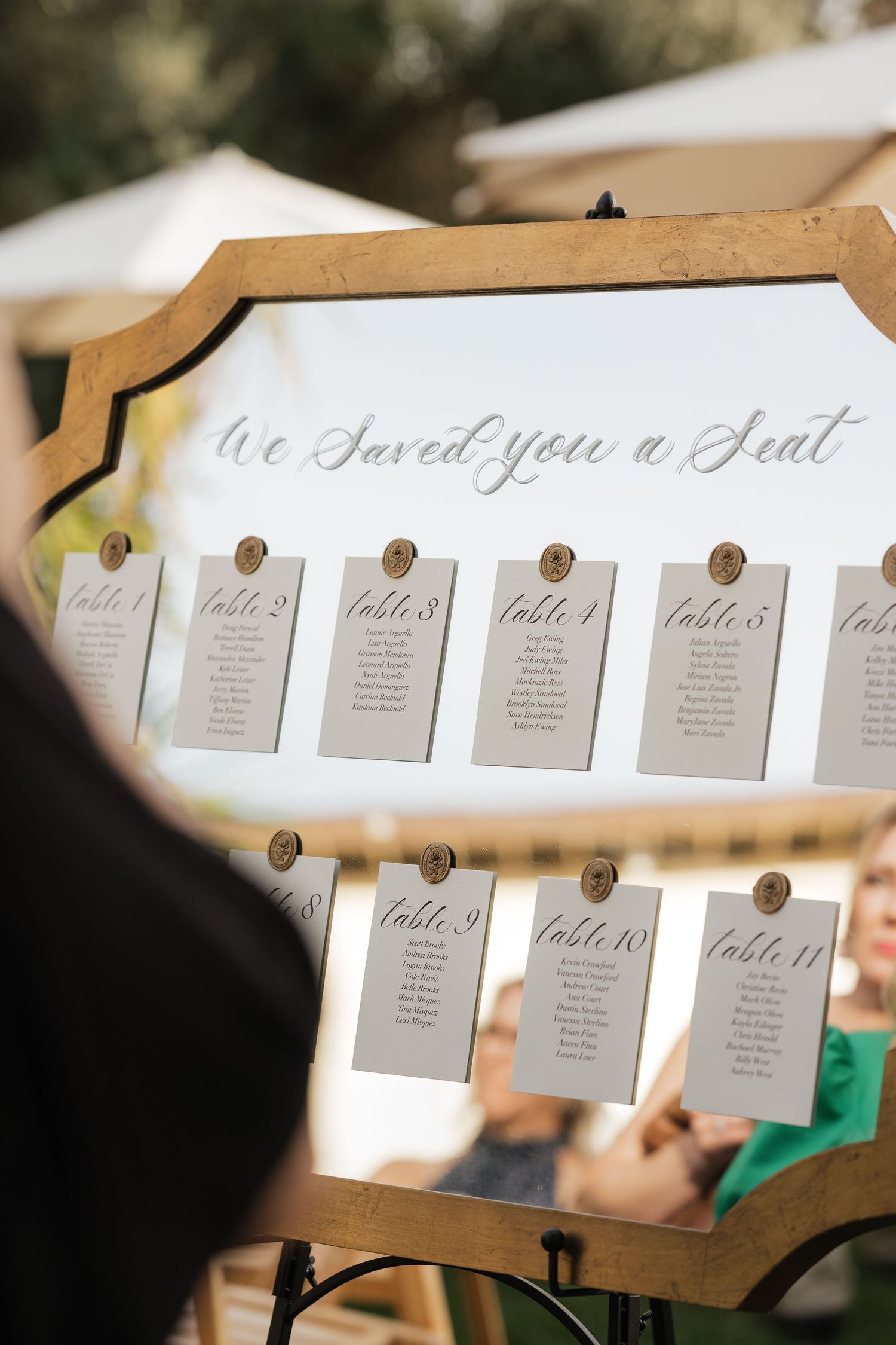 Elegant wedding seating chart display with calligraphy header.