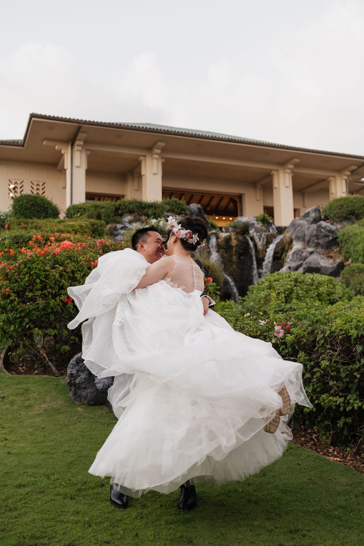 A series of romantic wedding photos showing a couple in formal attire posing on grassy terrain.
