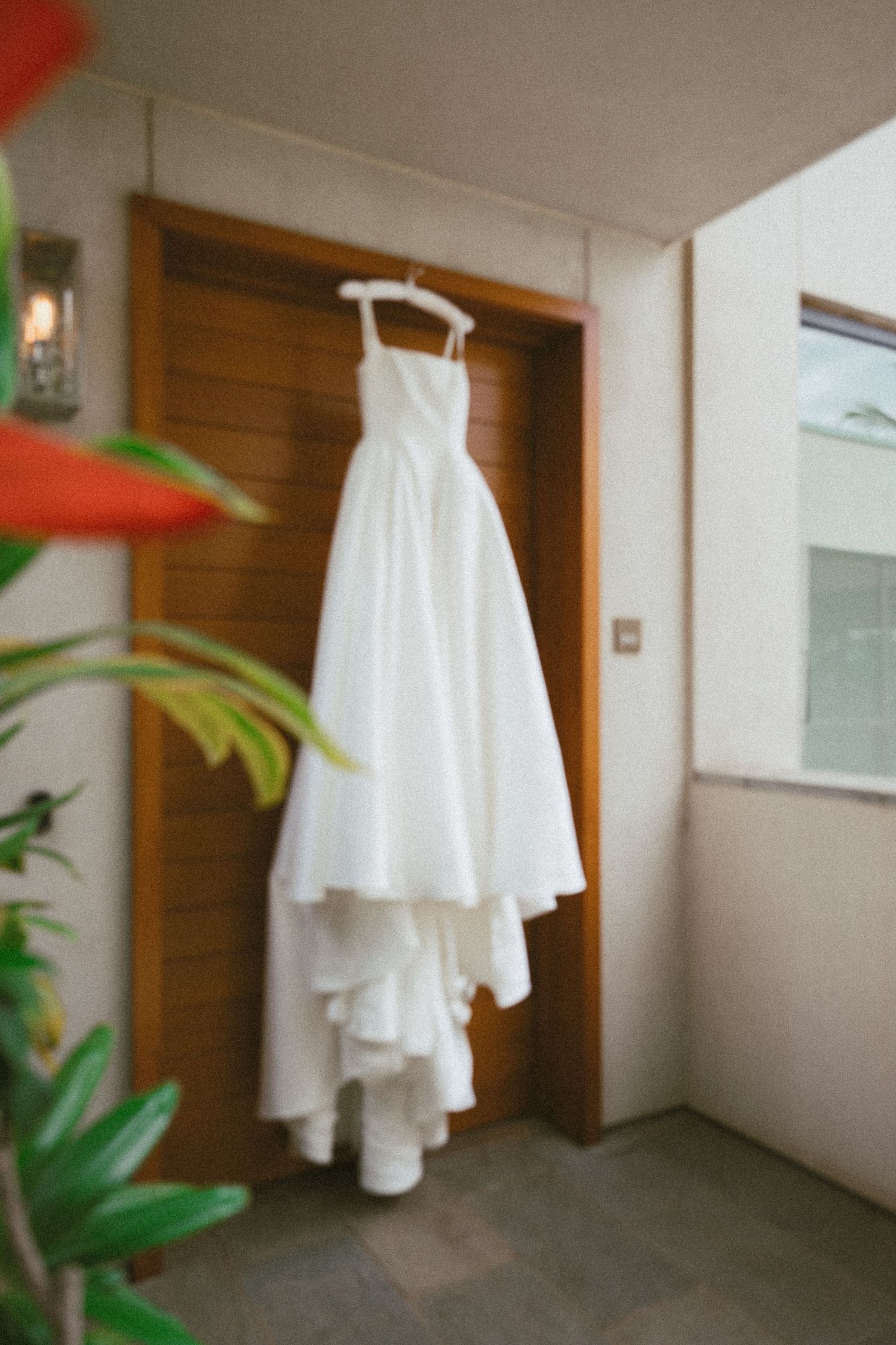 White dress or garment hanging on a wall in a minimalist interior space with wooden accents and green plants.