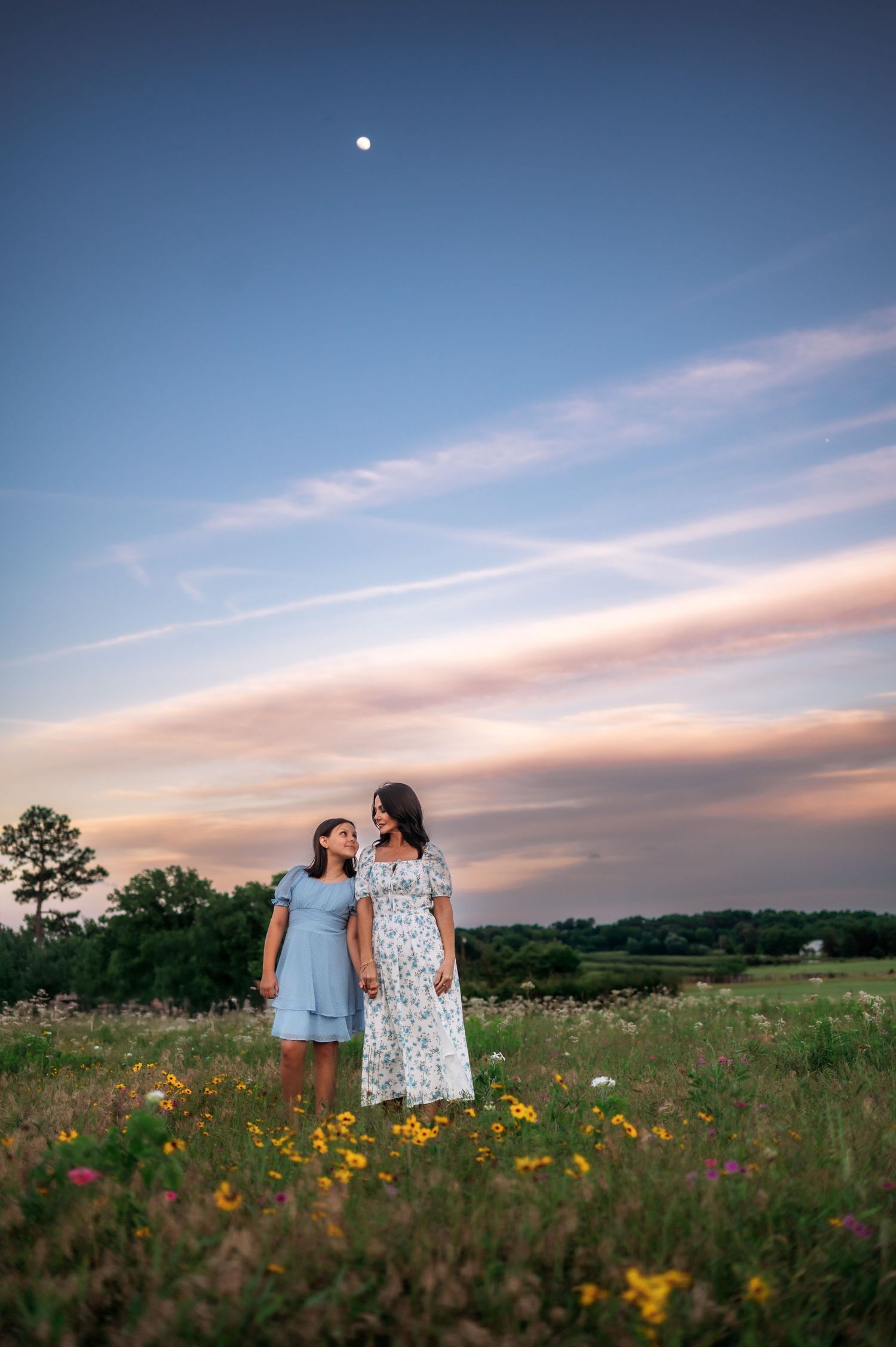 Two women in dresses hold hands in a wildflower meadow at sunset with a moon visible in the pastel sky.