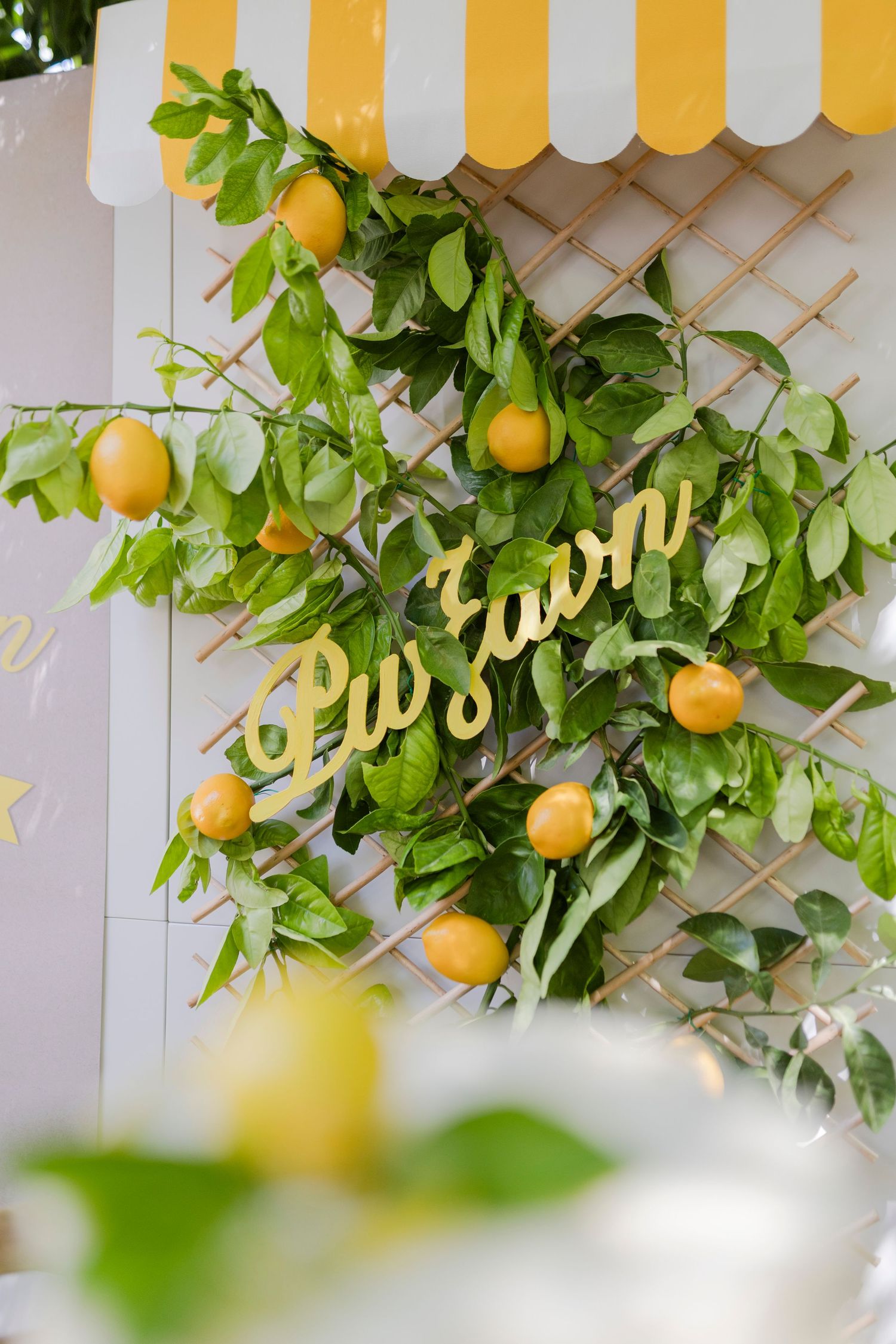 Lemon-themed party backdrop with green garland, fresh lemons, and gold cursive name sign on wooden lattice.