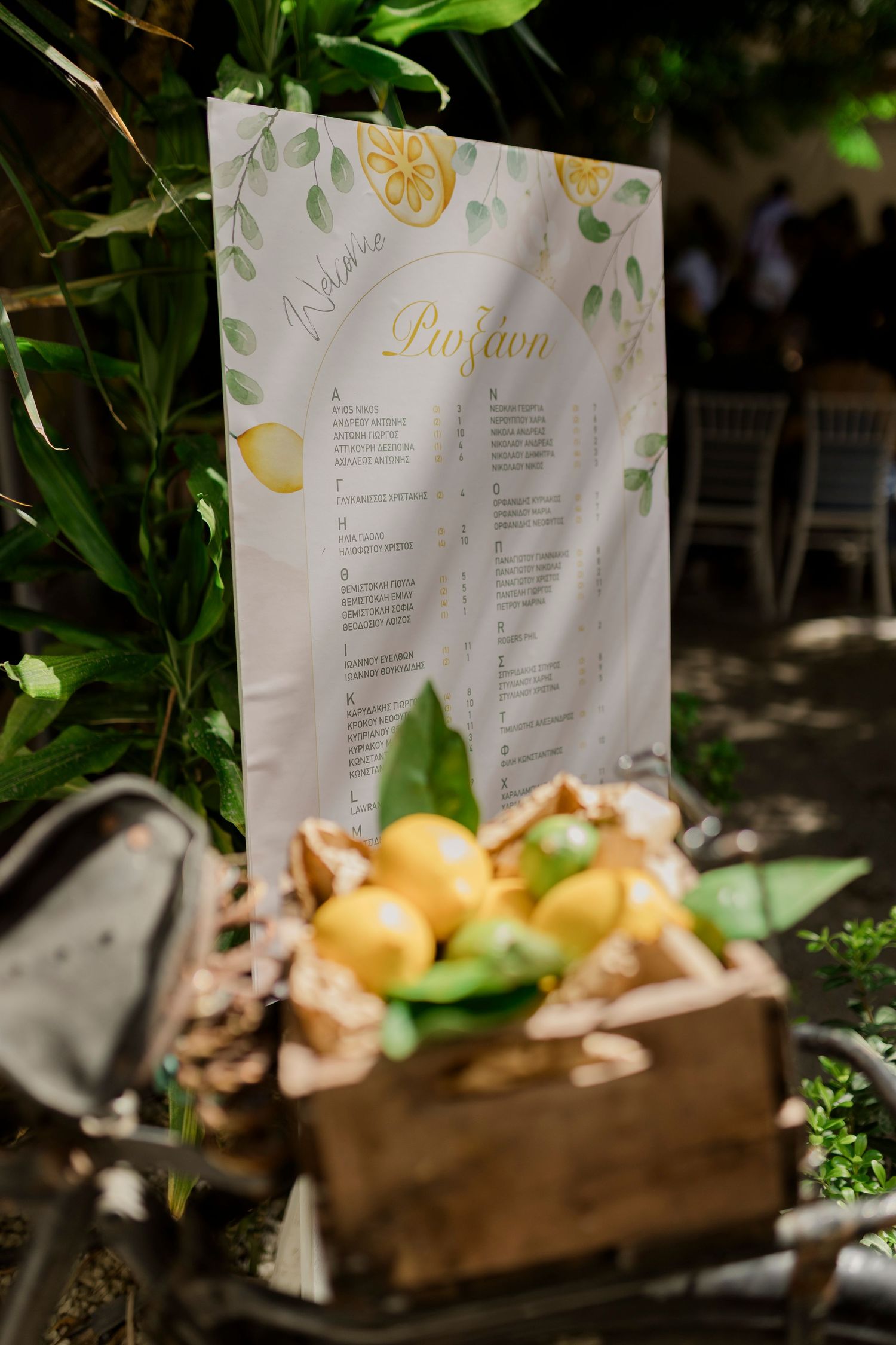 Elegant wedding seating chart with lemon motif displayed on white board beside a rustic wooden crate filled with fresh lemons.