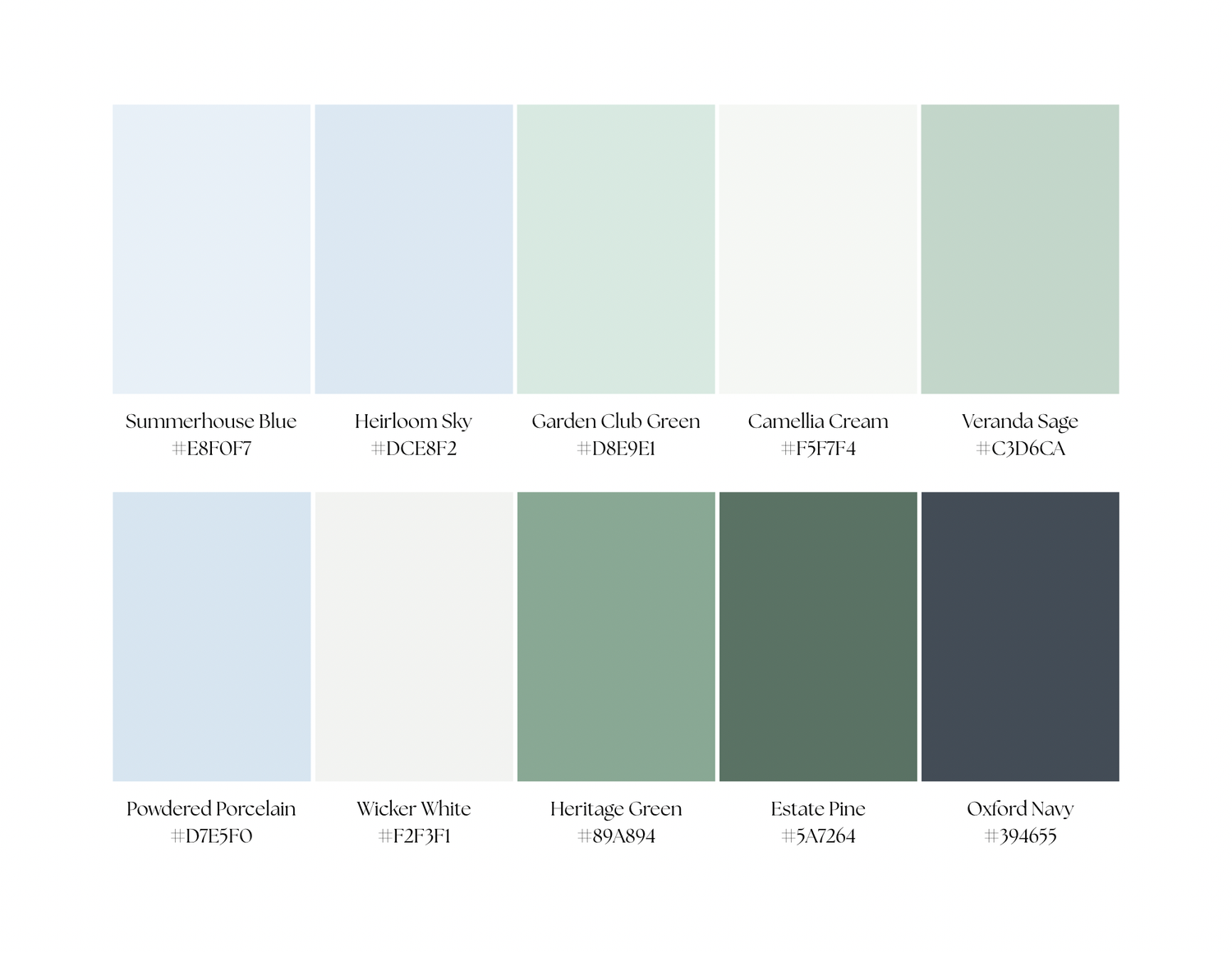 A serene color palette featuring soft blues, muted greens, and dark grey swatches arranged in a grid pattern.
