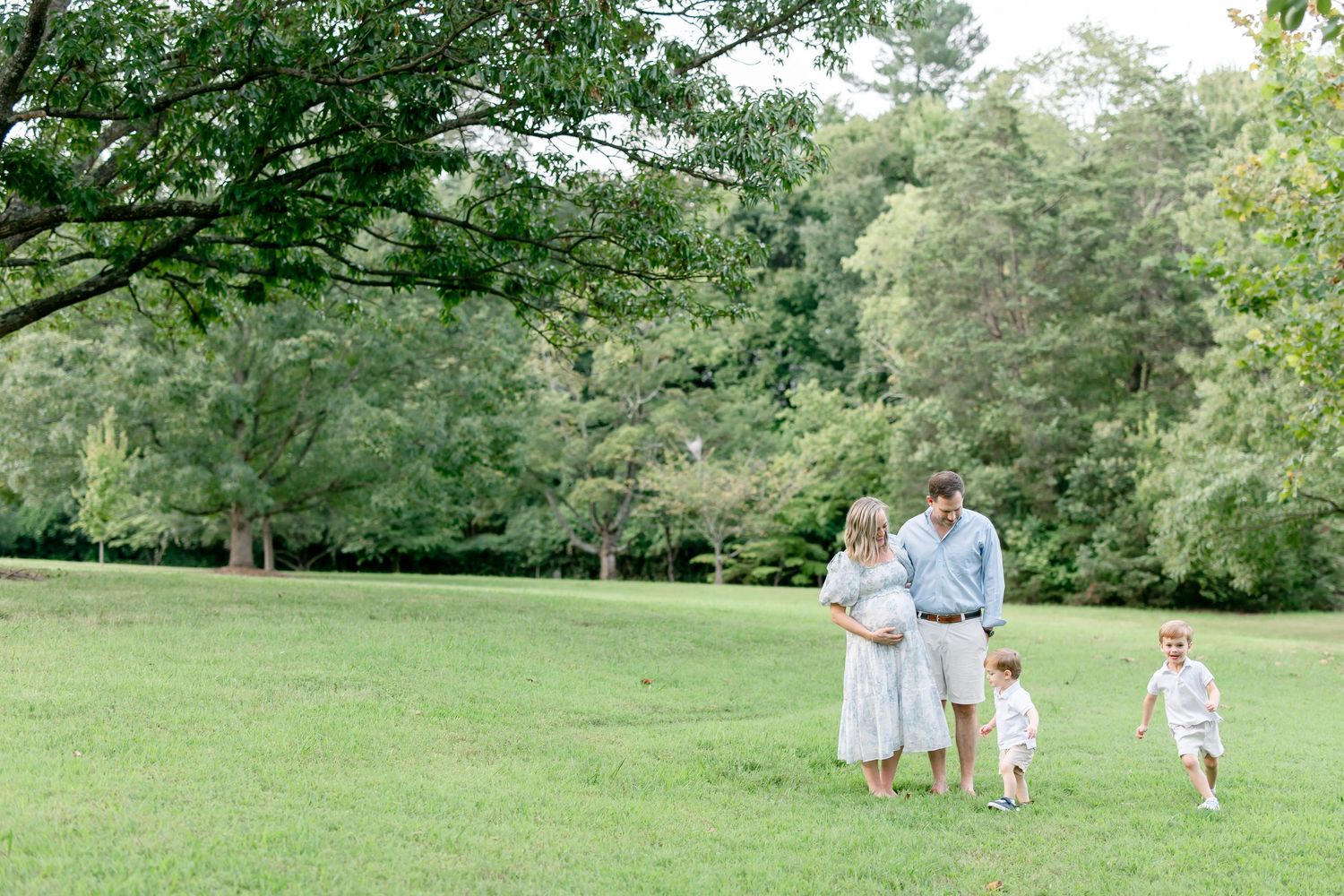 Family enjoying a summer day together in a lush green park with tall trees providing shade.