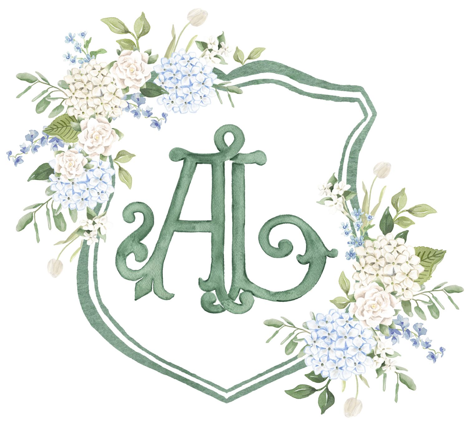 Elegant monogram crest with sage green frame adorned by delicate blue hydrangeas and white floral arrangements.