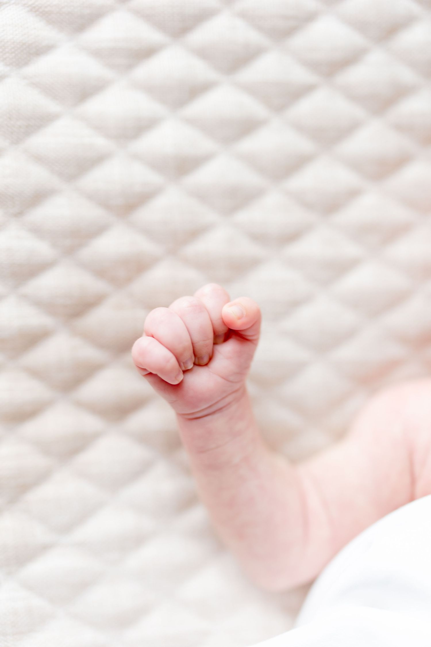 Close-up view of a tiny baby's clenched fist against a white textured background.