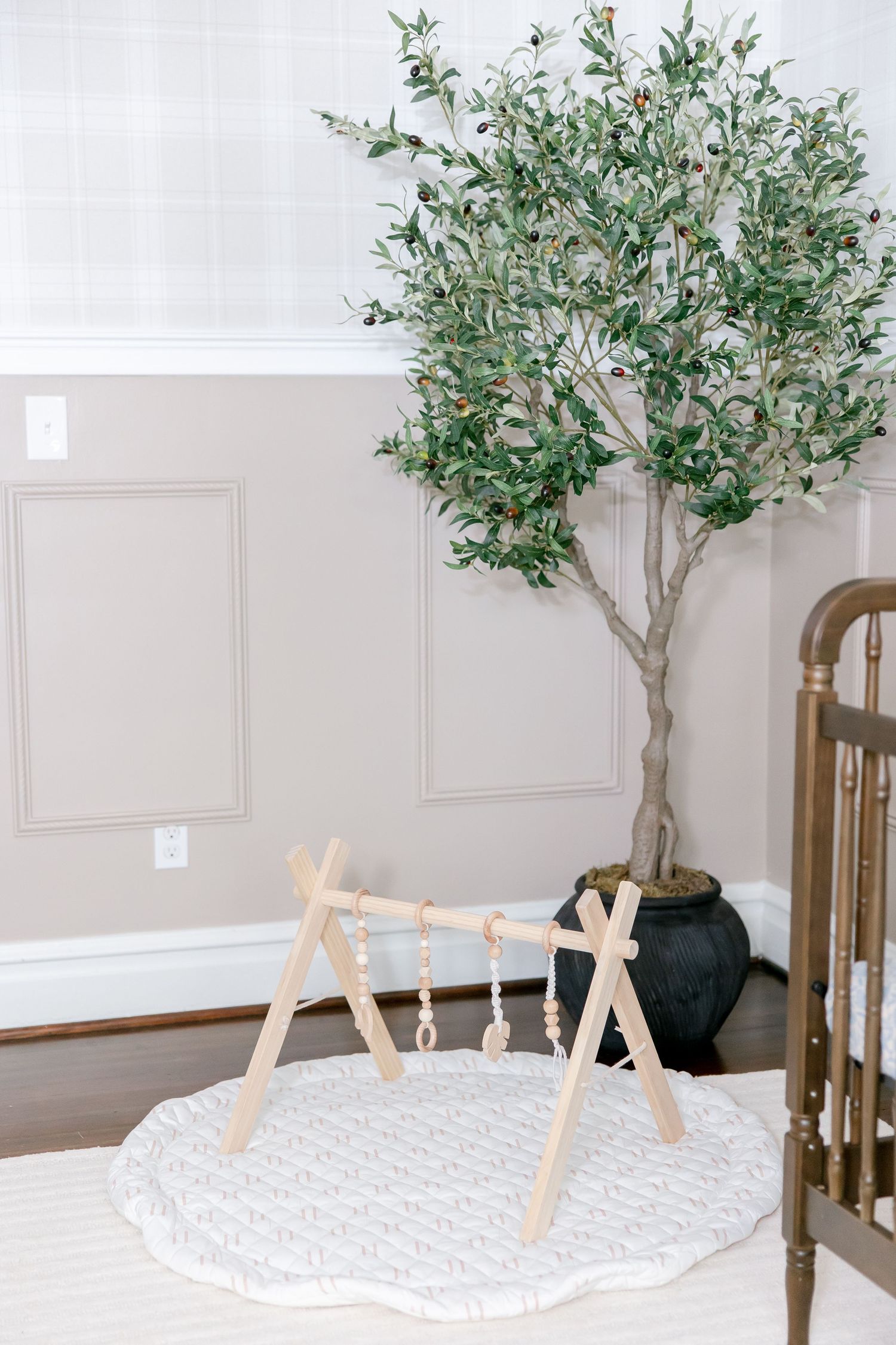 Set of three artificial olive trees in black planters against a neutral wall with modern paneling and brass accents.