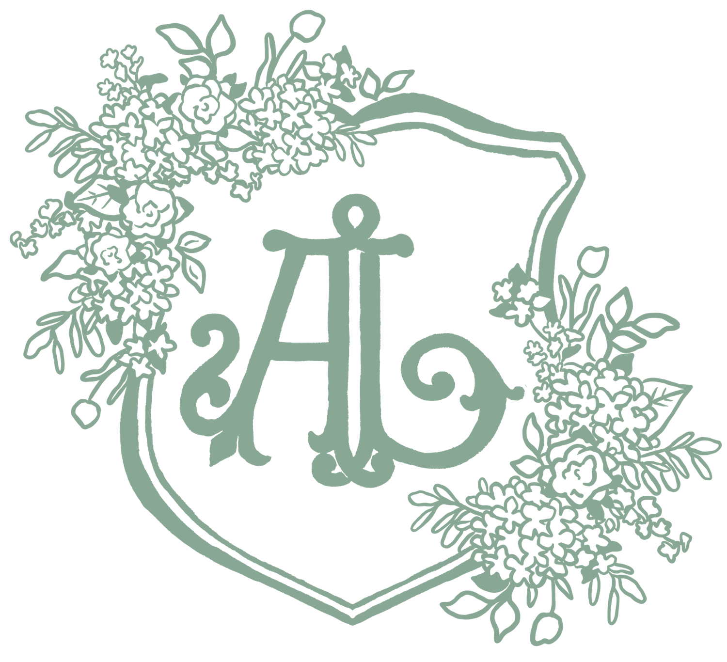 A decorative monogram logo with floral accents featuring initials AH in a shield shape with sage green coloring.