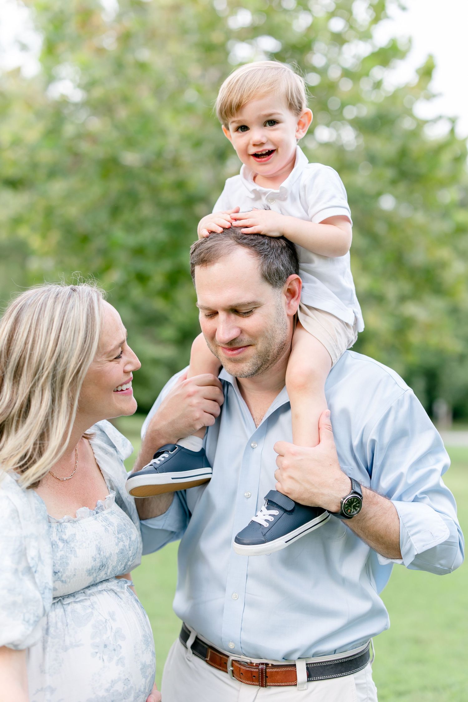 A joyful family moment captured in a series of candid outdoor photos showing playful interactions on a sunny day.