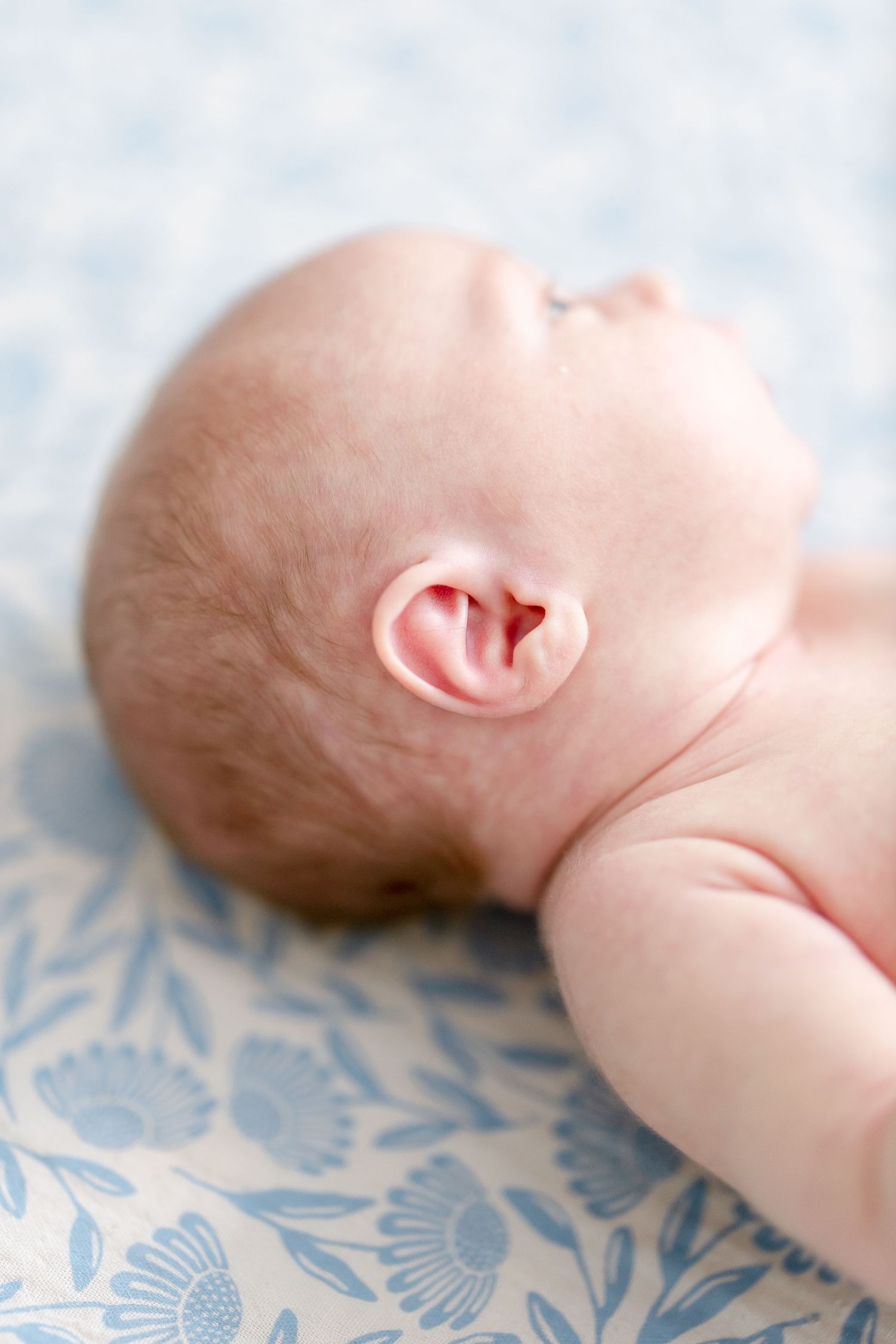 A newborn baby lying on a floral blue and white patterned blanket showing profiles from various angles.