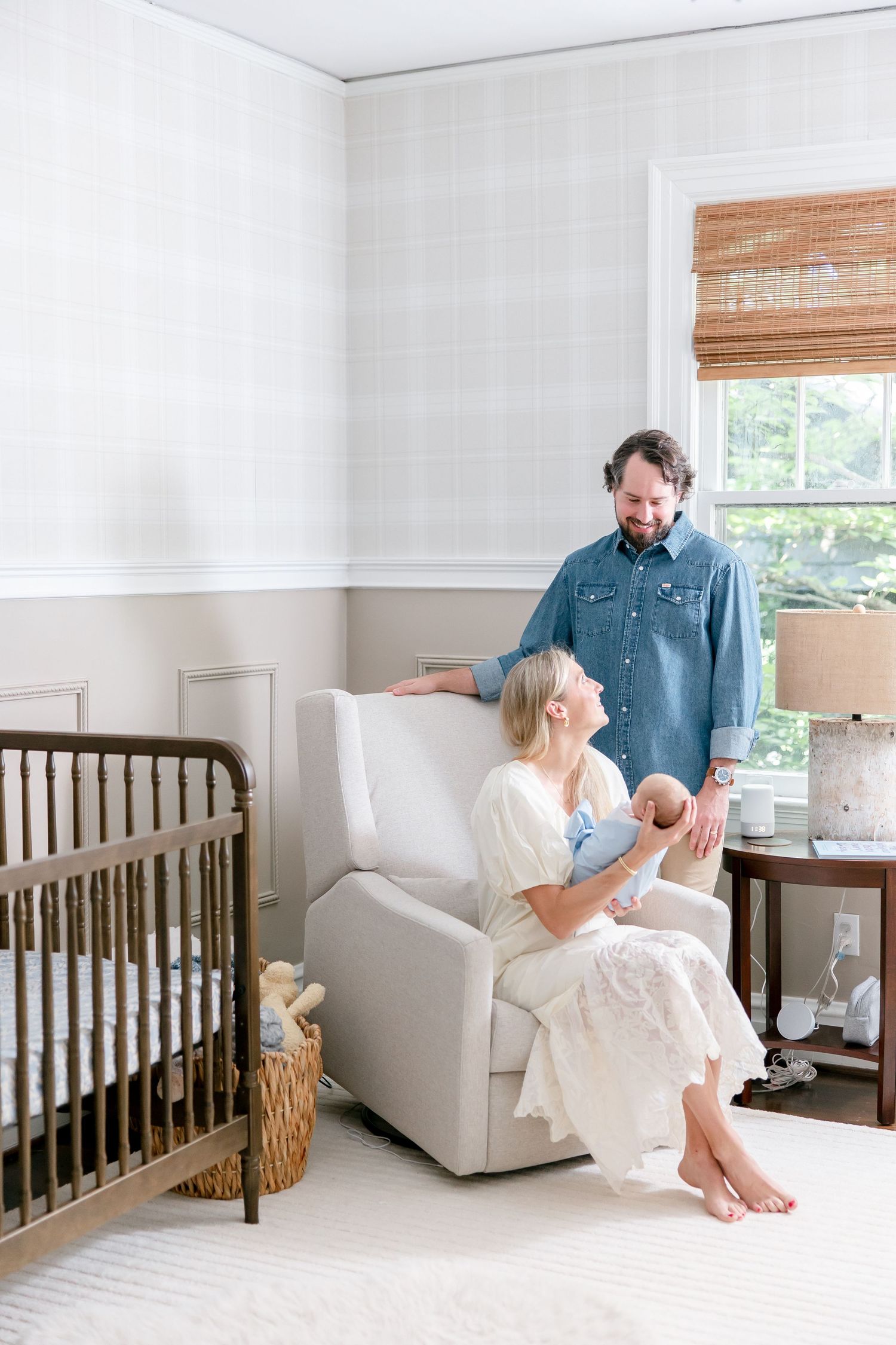 A sequence of interior photos showing a modern nursery room with white walls, natural light and wooden crib.