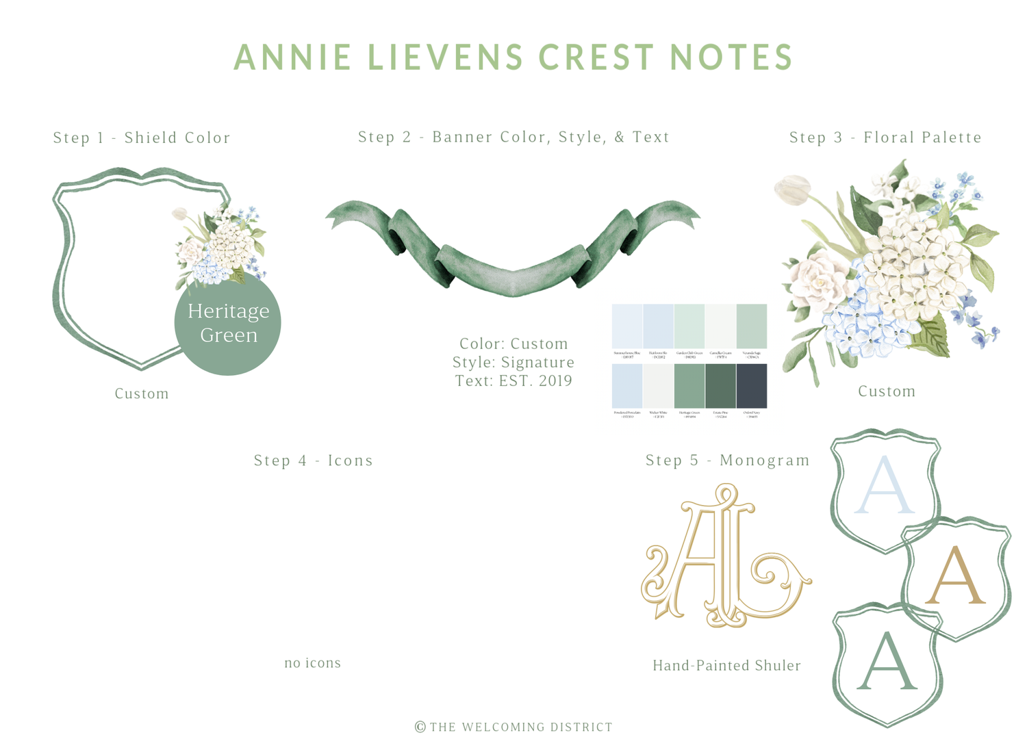 Wedding monogram design elements featuring crests, floral details, and script lettering in soft green and white tones.