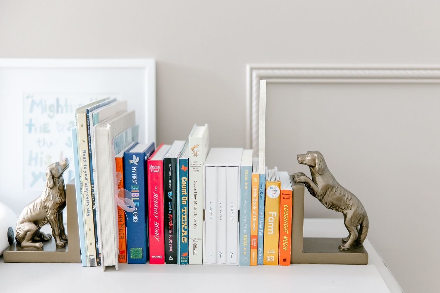 Row of white and colorful books arranged on long floating wall shelf with decorative animal bookends.