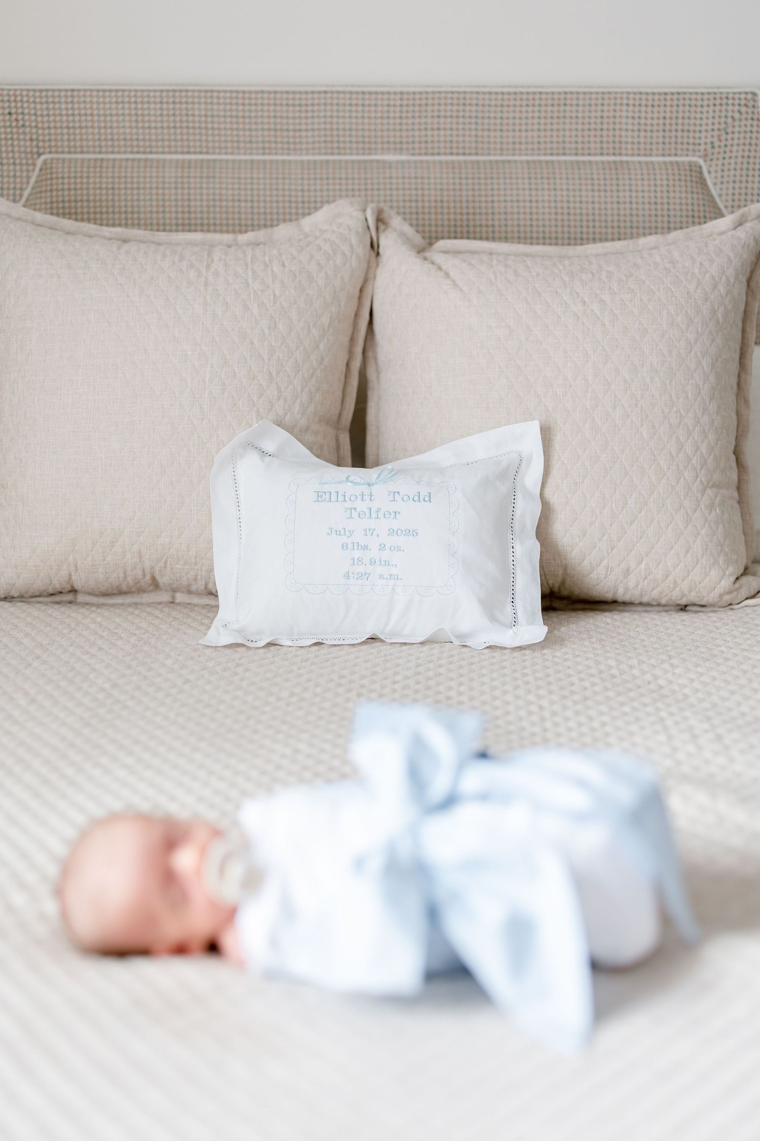 Five connected photos show a white cushioned headboard with cream colored pillows on a neutral bedding set.