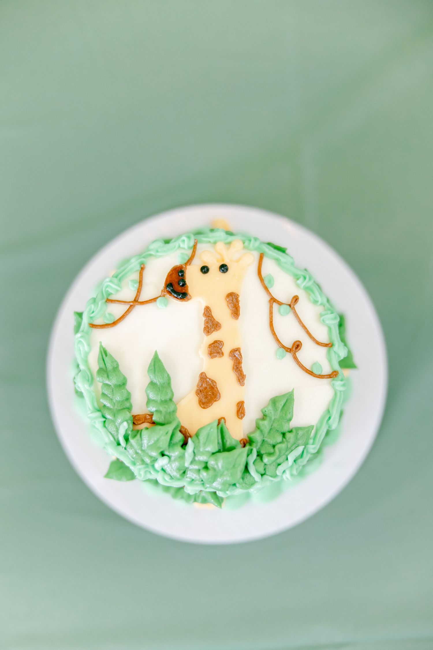 Overhead view of smash cake decorated with giraffe design and green frosting accents.