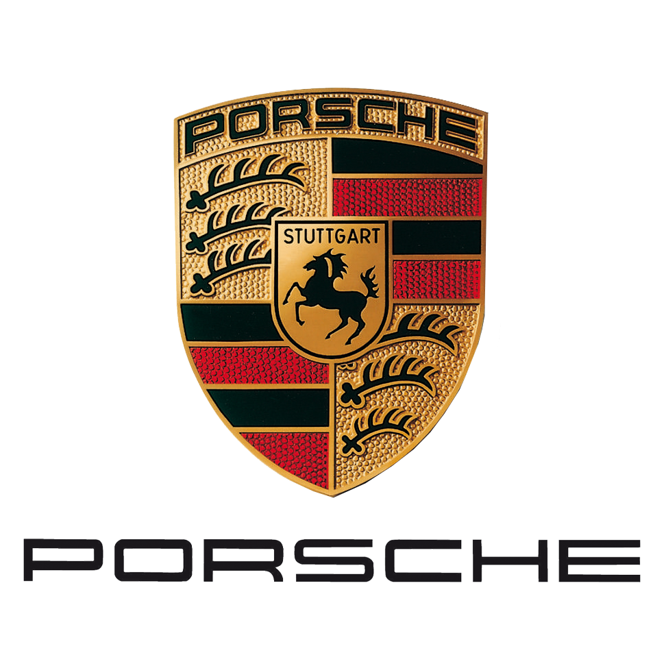 Porsche logo featuring the iconic black, red, and gold crest with horse emblem and Stuttgart branding