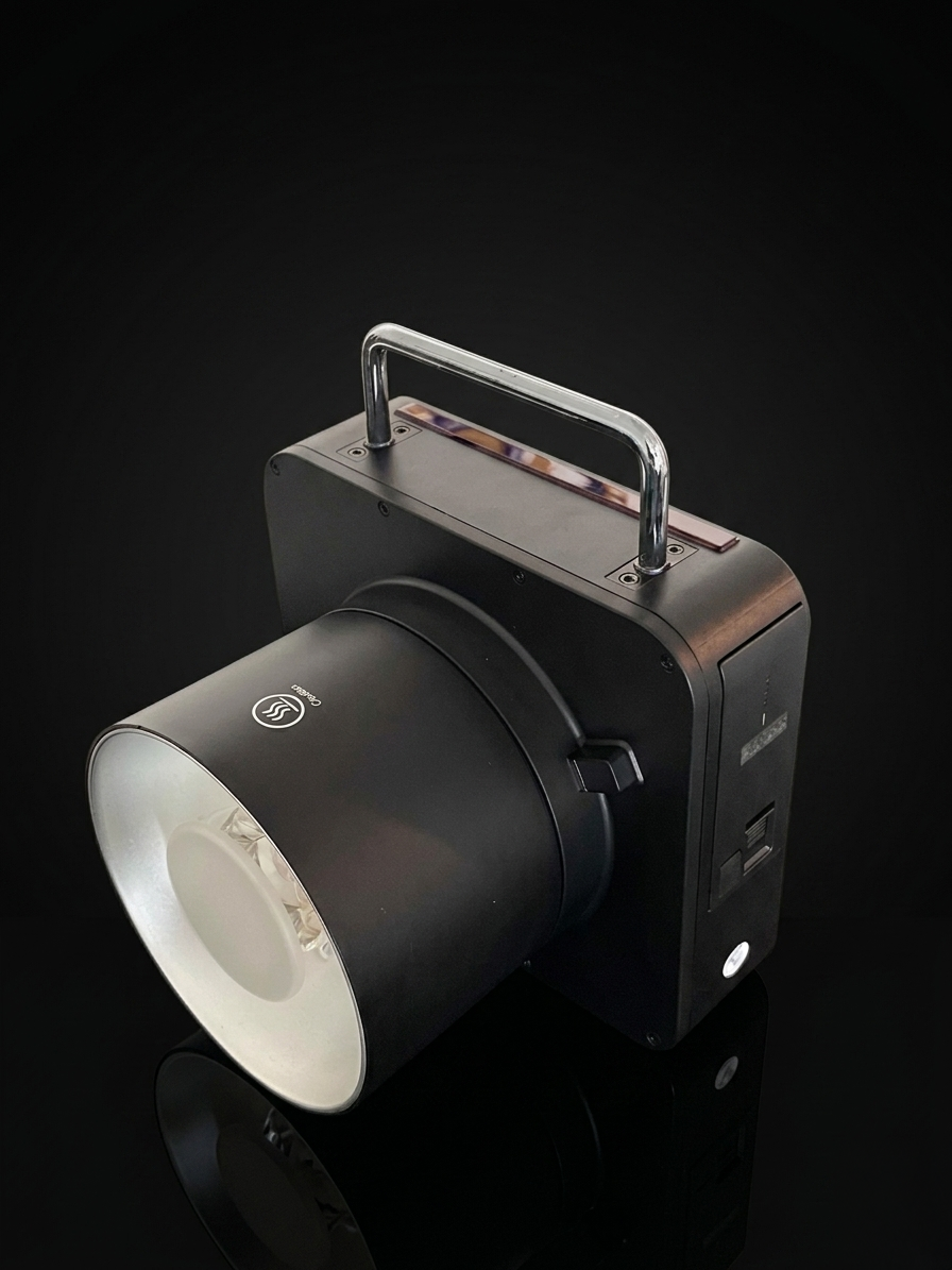 Portable black studio flash unit with cylindrical reflector head and metal carry handle on dark background.