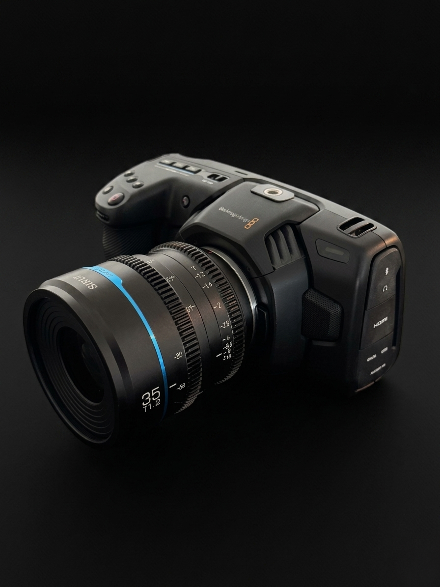 Blackmagic Pocket Cinema Camera with cinema lens on dark background, professional video production equipment.
