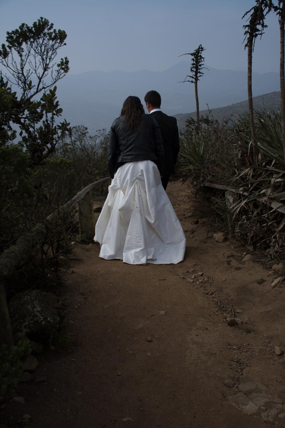 A bride and groom walk hand in hand along a scenic mountain path surrounded by lush greenery.