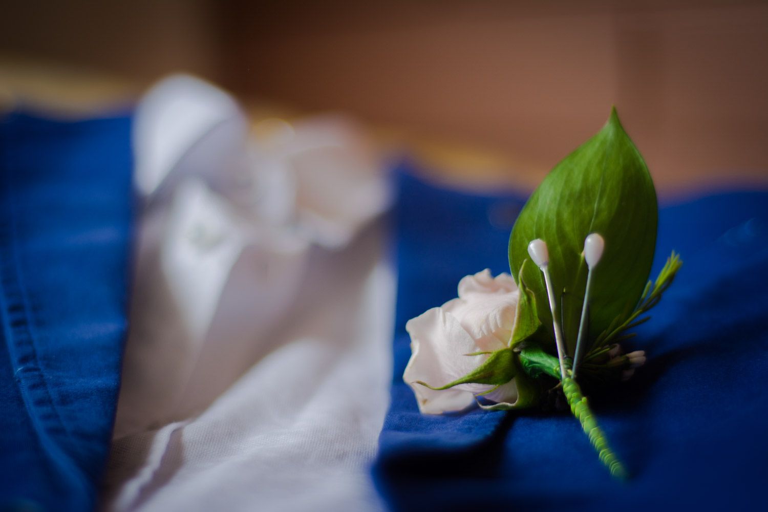 A delicate white rose boutonniere with green leaves rests on a bright blue suit jacket.