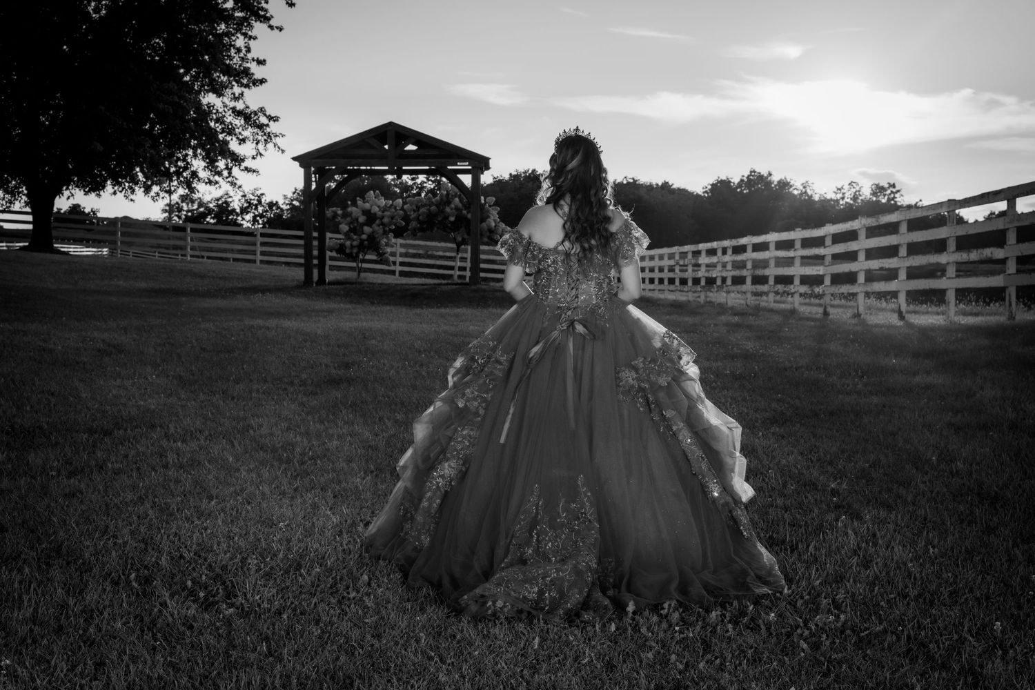 Black and white photo of a bride in an ornate ball gown standing in a farm field at sunset.