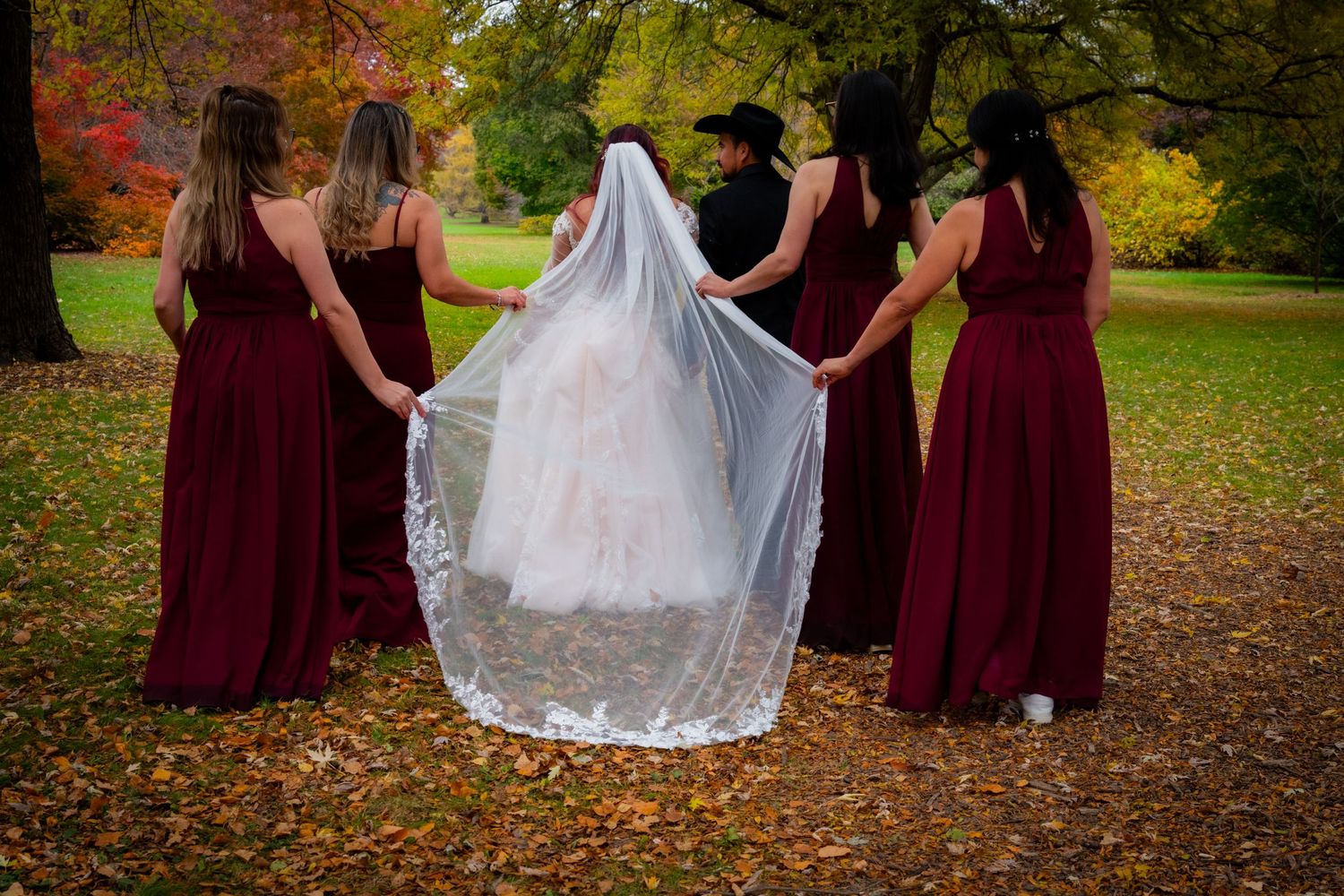 Bride and bridesmaids in burgundy dresses holding her lace veil in a colorful autumn park.