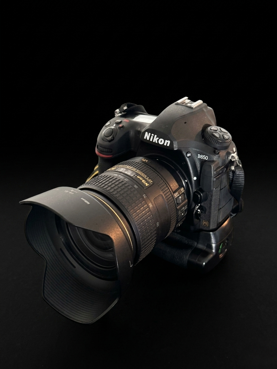 Nikon D850 DSLR camera with wide-angle lens and hood on dark background.