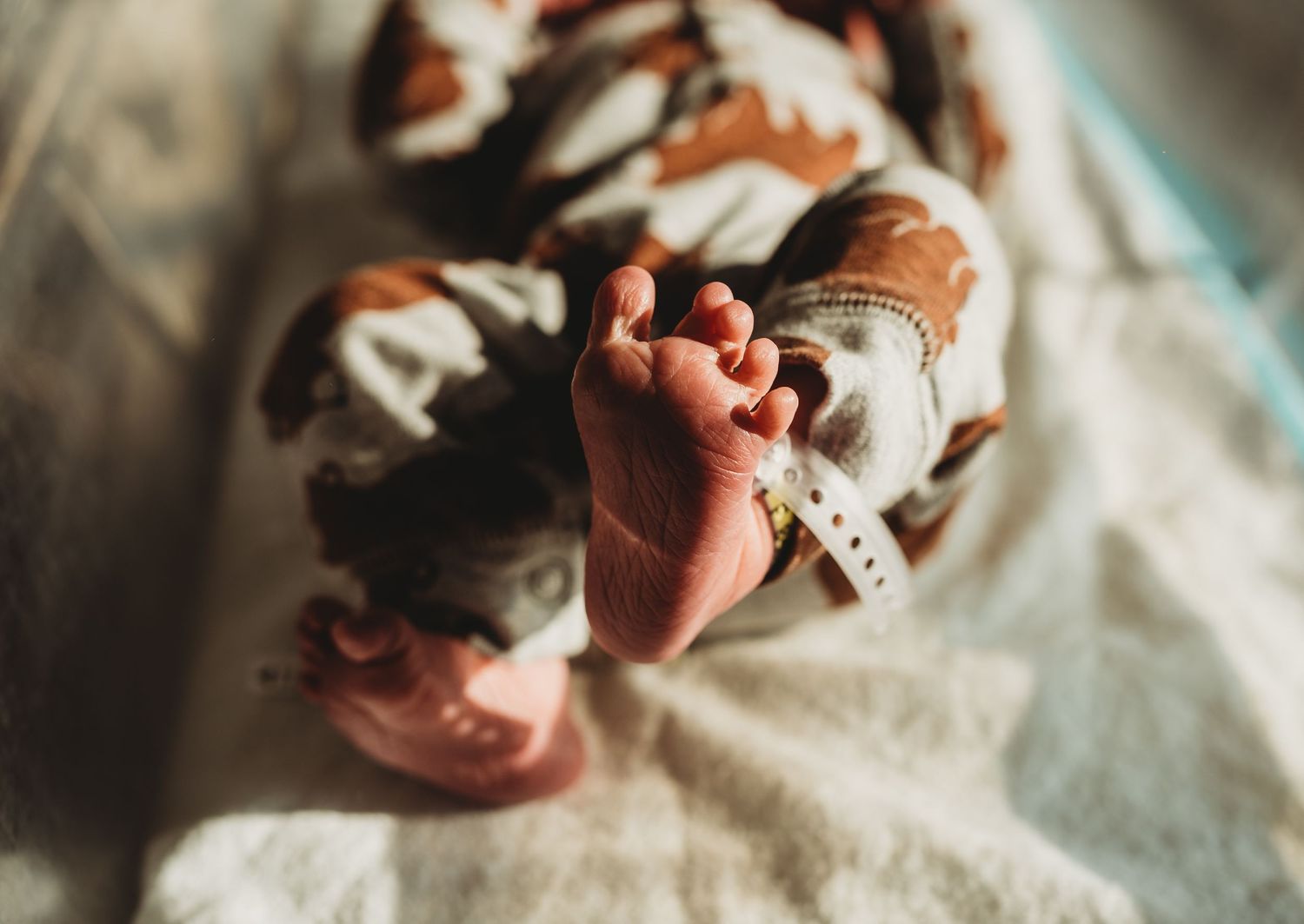 Close-up details of tiny newborn fingers and hands against soft white fabric.