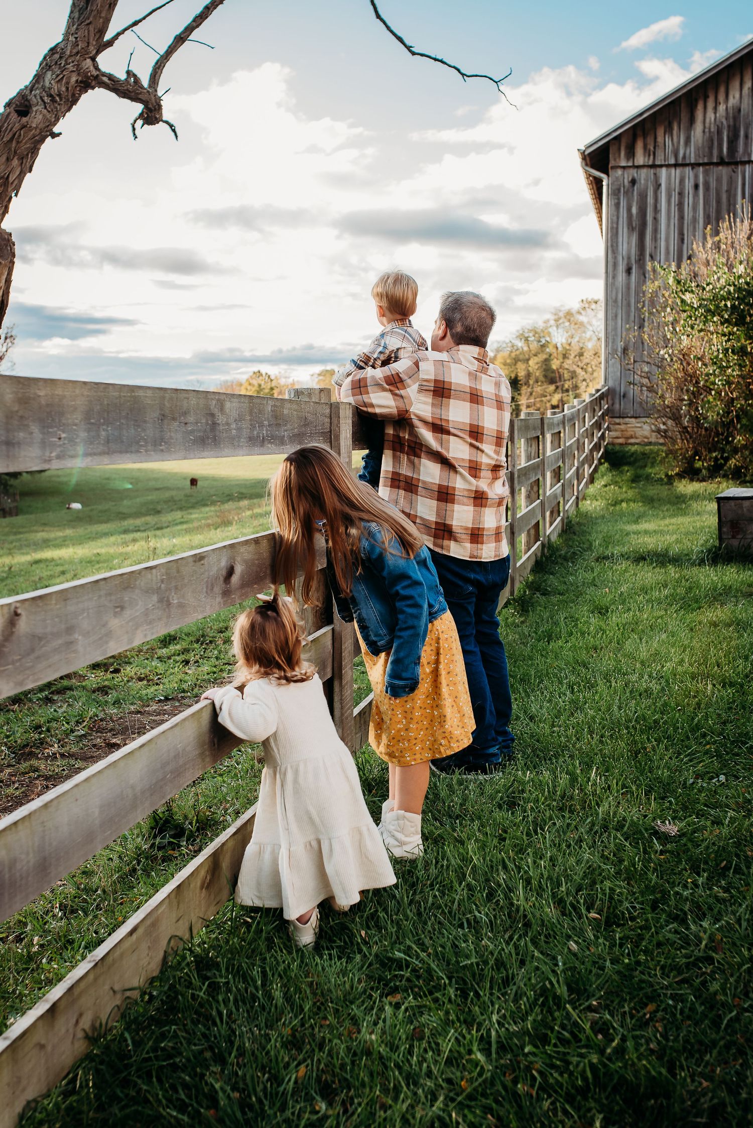 A family looks over a wooden fence together on a sunny day near a rustic barn.