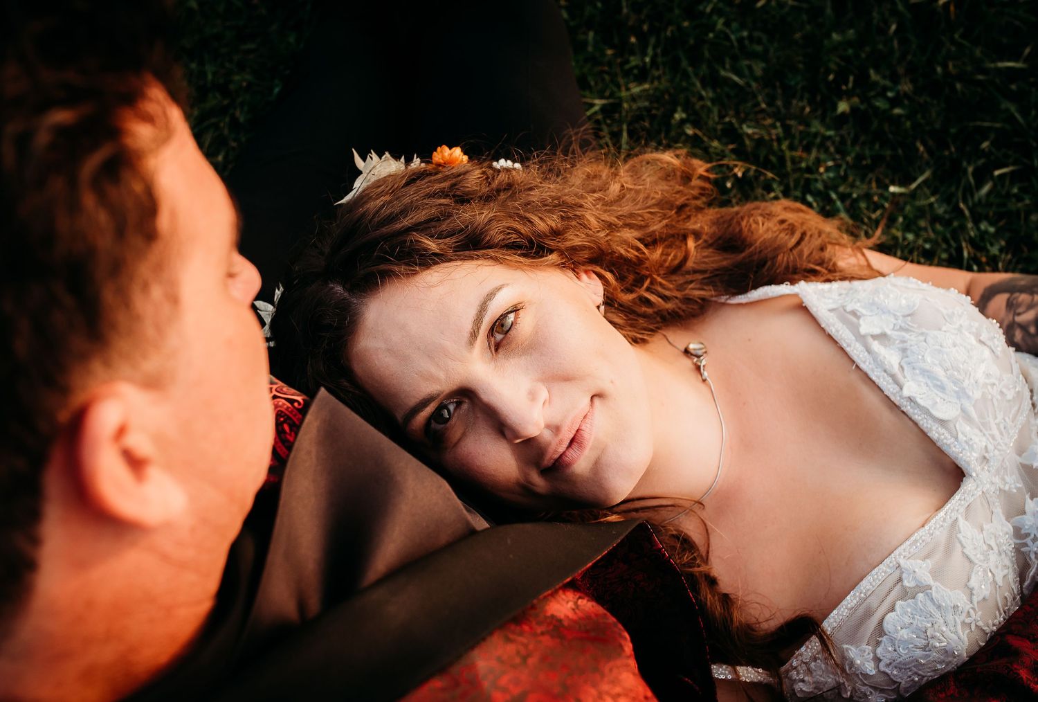 Artistic close-up shots of romantic wedding couple moment in dramatic lighting.