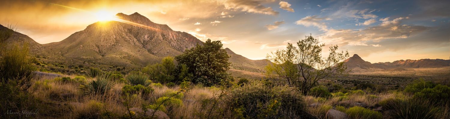 Golden sunset illuminates desert mountains and scrubland in a panoramic southwestern landscape.