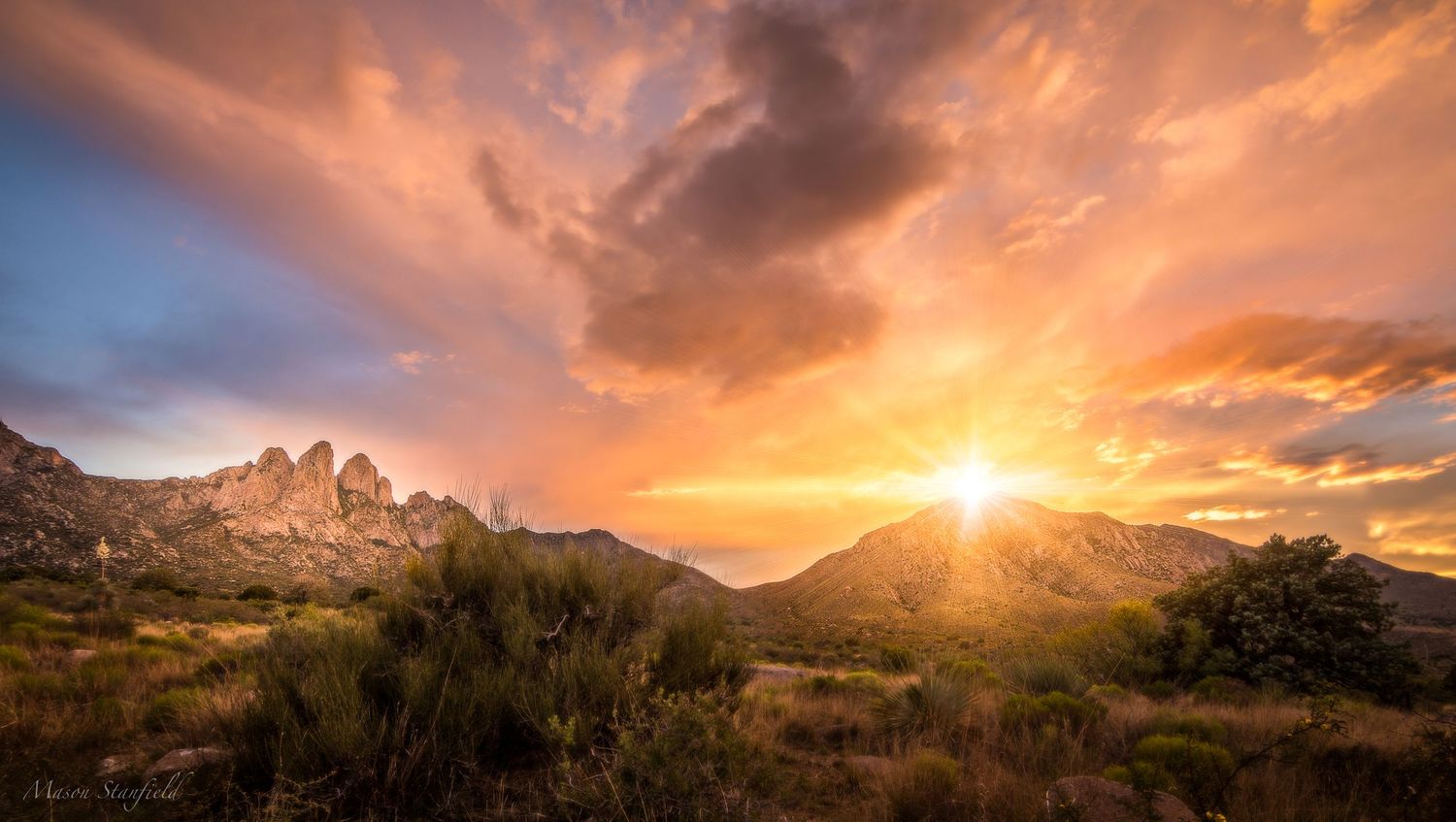 Dramatic sunset behind rocky mountain peaks with desert vegetation in the foreground.