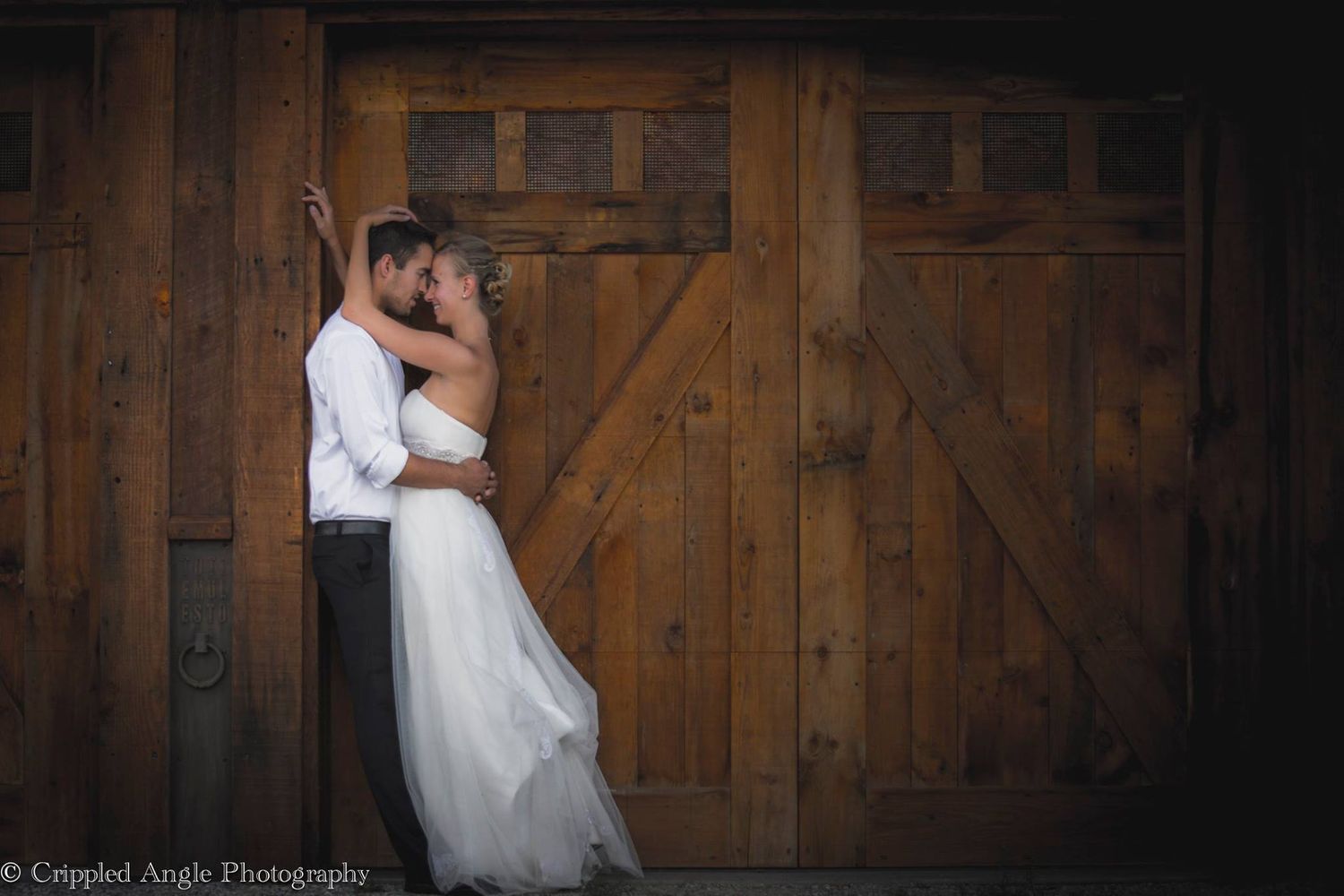 A romantic wedding portrait against rustic wooden barn doors captures an intimate moment.