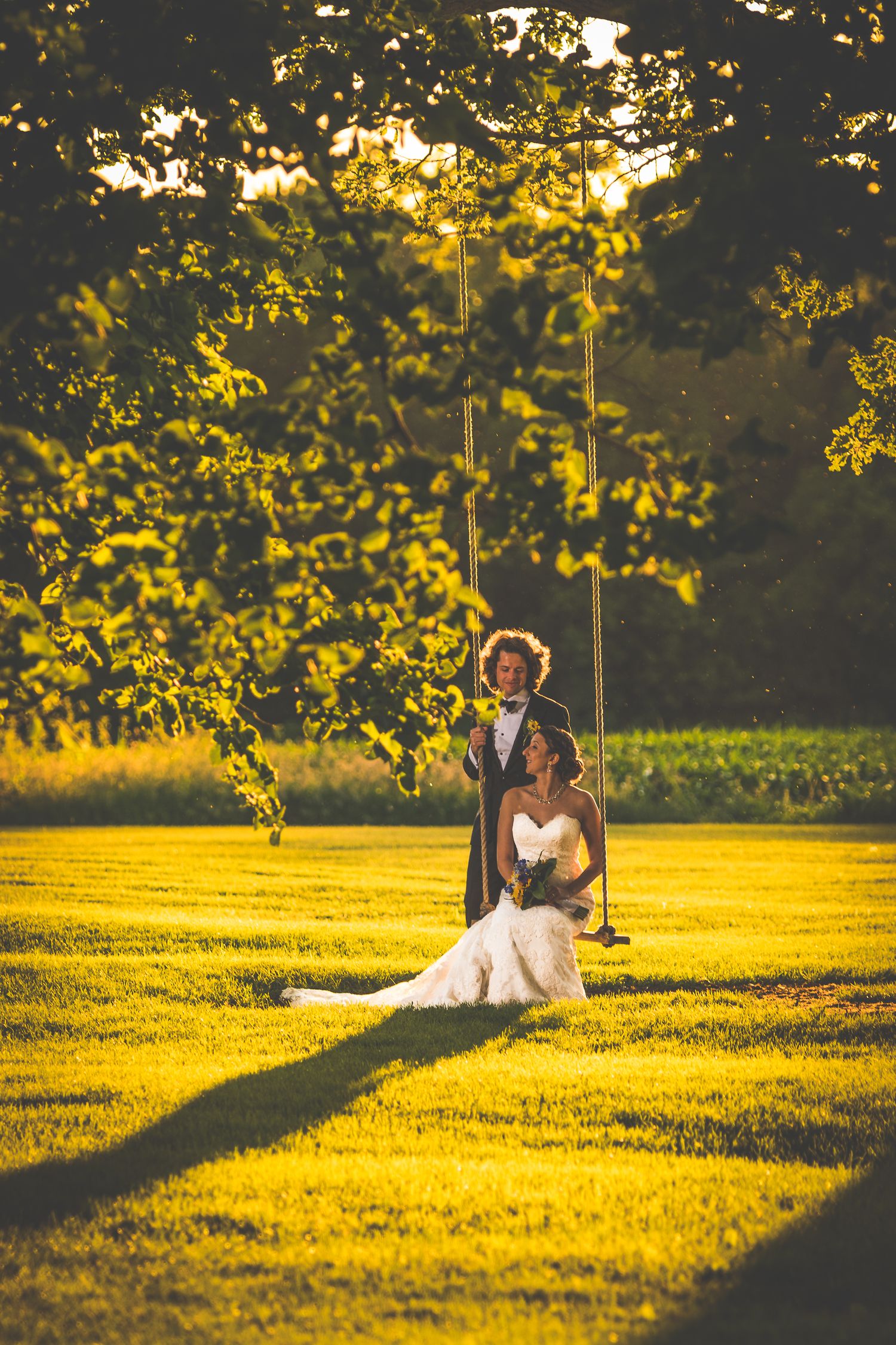 Newlyweds sitting on swing in golden sunlit field during sunset.