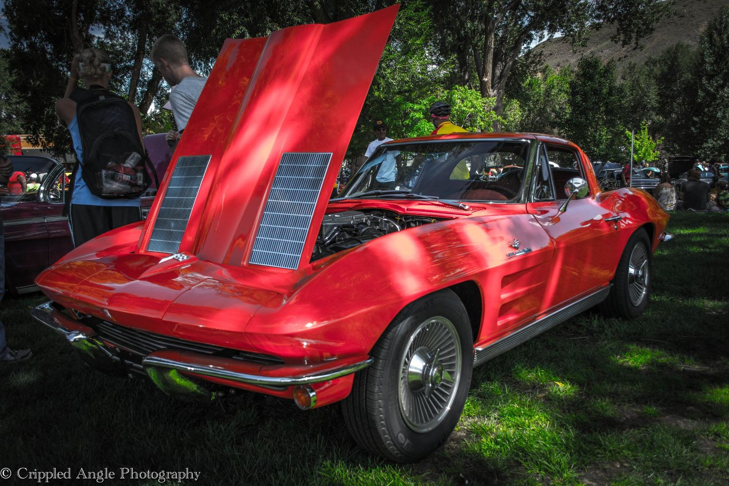 Vintage red Chevrolet Corvette Stingray displayed on grass.