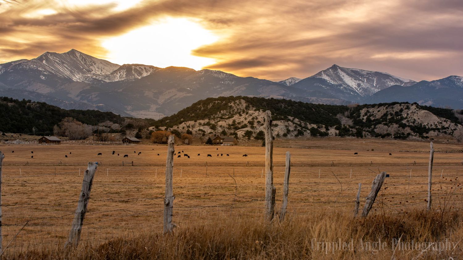 Snow-capped Rocky Mountains rise behind a rustic barbed wire fence and golden prairie grassland at sunset.