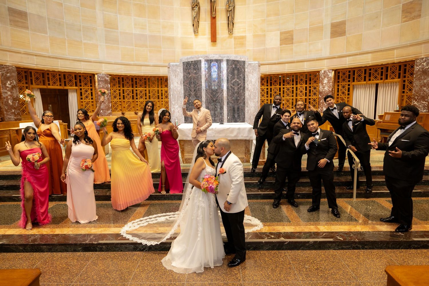 A wedding ceremony sequence showing a traditional church service with guests and celebrations in an ornate venue.
