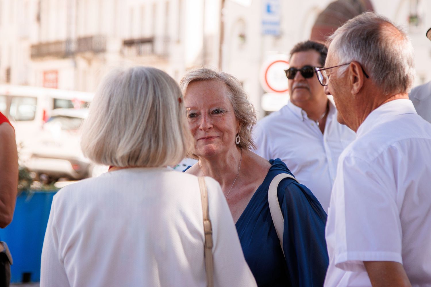 Elderly guests socializing outdoors at a sunny wedding reception in France.