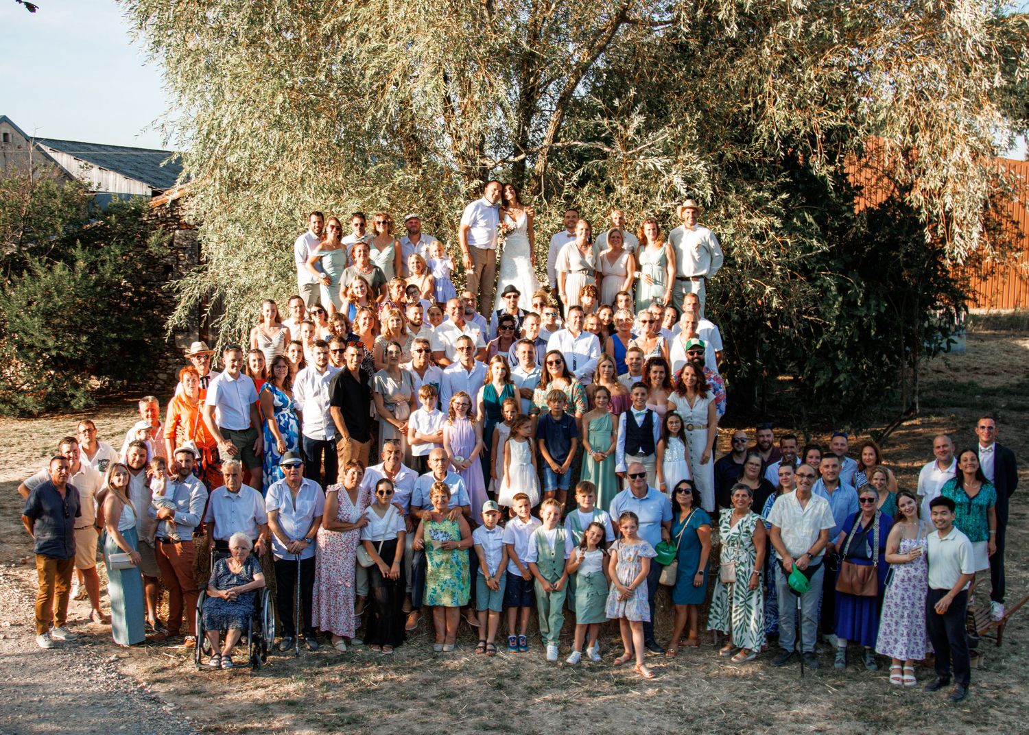 A series of group photos at sunset showcasing wedding party members posing together in outdoor garden settings.