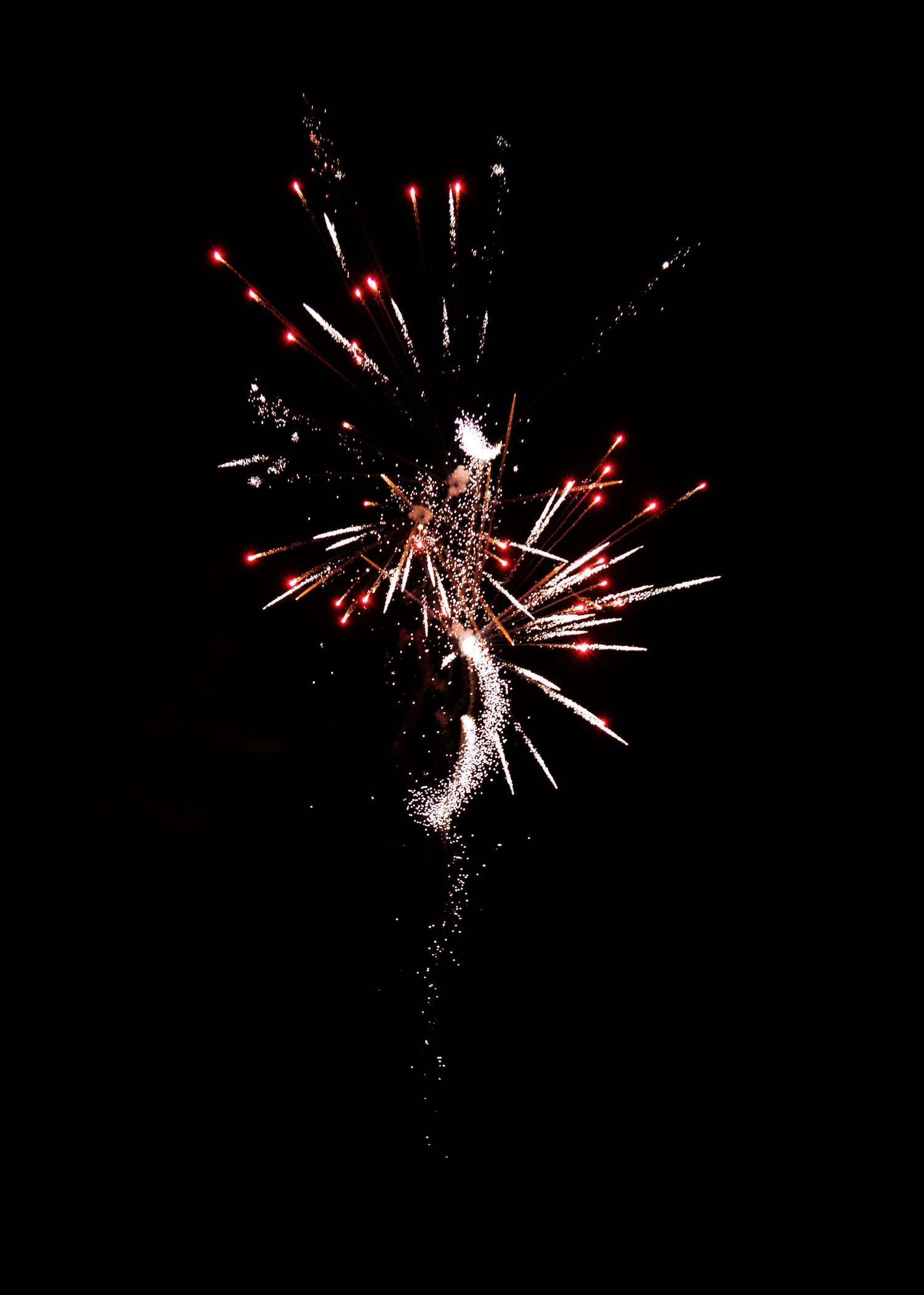 Red and white fireworks burst against a dark night sky in a dazzling display of light and color.