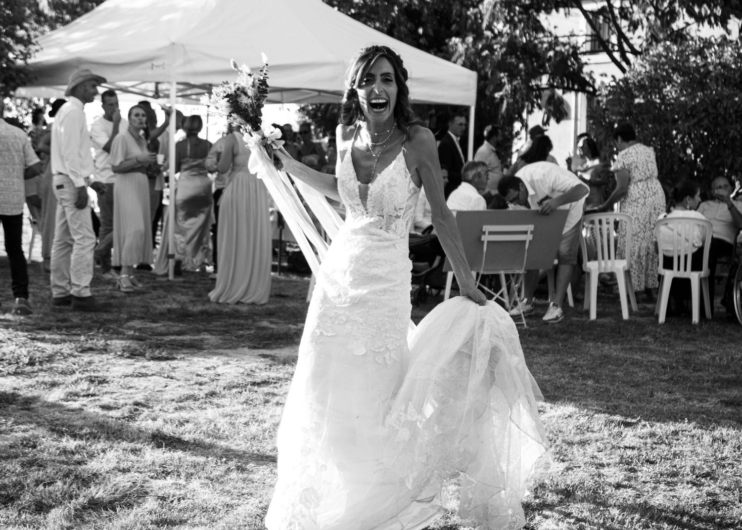 A black and white photo sequence shows a wedding couple dancing and twirling in an outdoor garden setting.