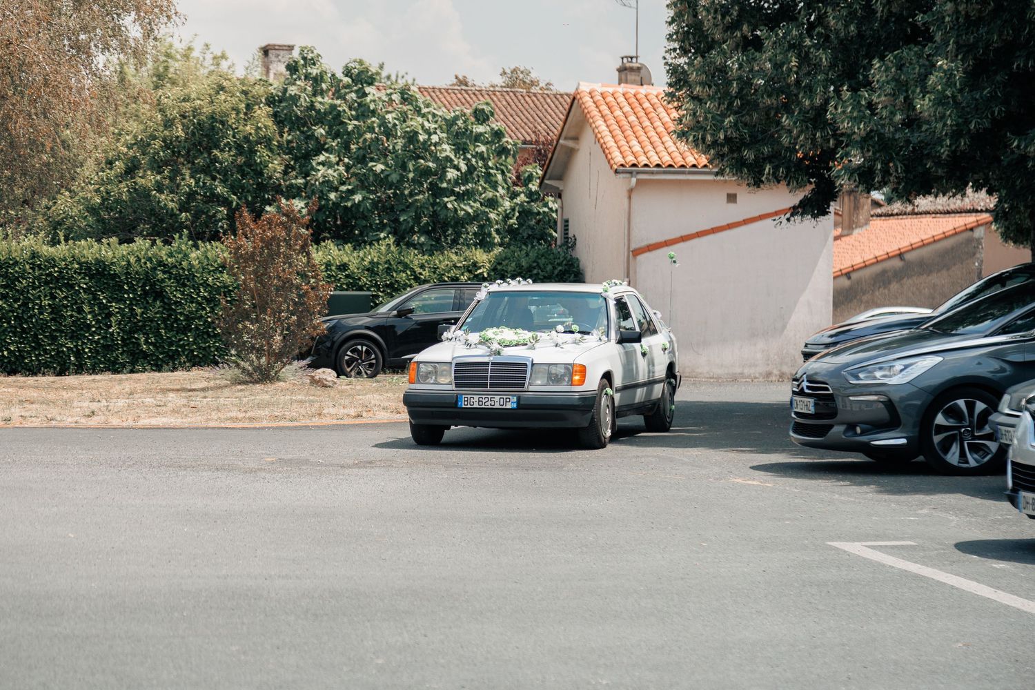 Vintage white Mercedes-Benz sedan driving through a sunny parking lot surrounded by trees and modern cars.