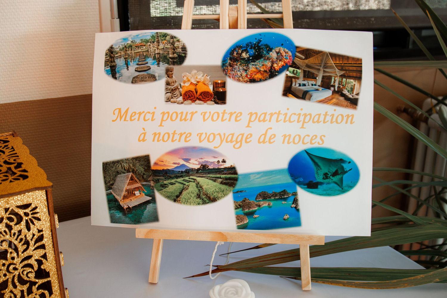 French wedding honeymoon thank you sign on easel reading Merci pour votre participation a notre voyage de noces.