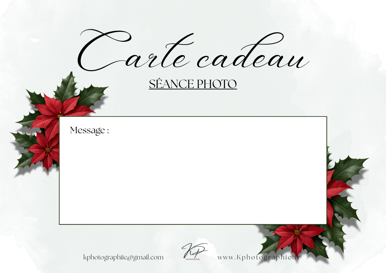 Holiday gift card template with red poinsettia flowers and holly leaves decorating the corners on white background.