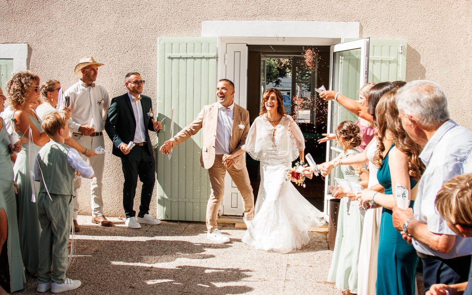 A sequence of wedding celebration photos showing joyful moments and guests enjoying festivities in an outdoor setting.