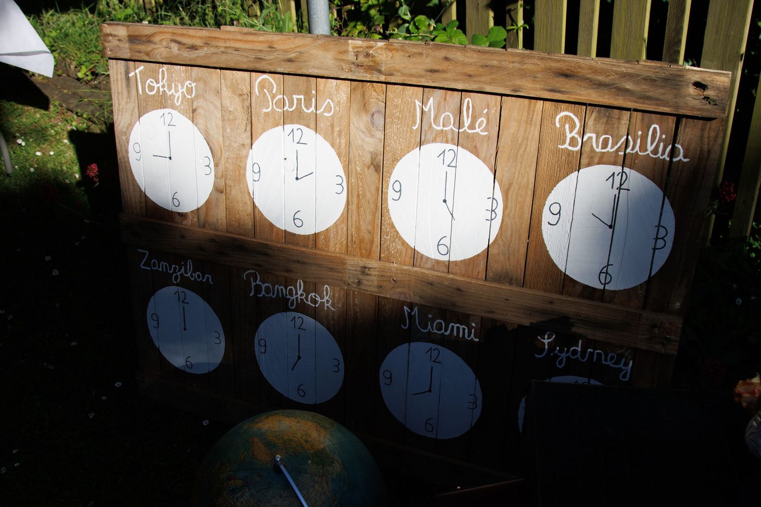 Rustic wooden board displaying handmade clocks showing world time zones for wedding decor.