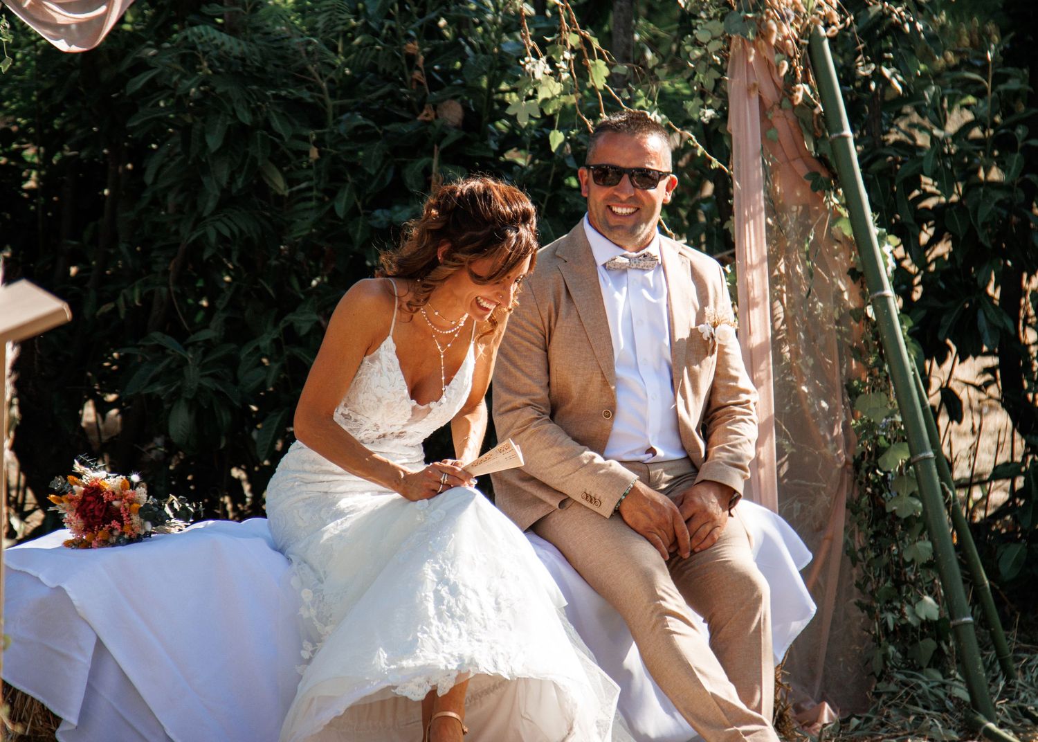Sequence of wedding photos showing joyful moments between newlyweds in a garden setting at various angles.
