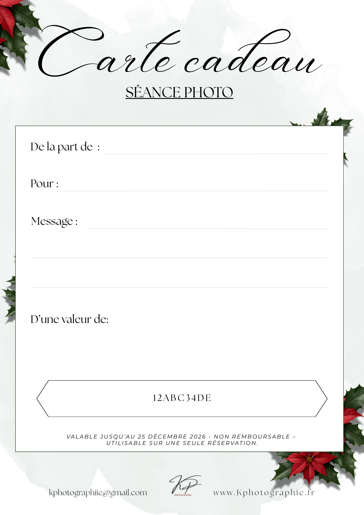 Gift certificate template with red poinsettia and holly decorations in a Christmas holiday design.